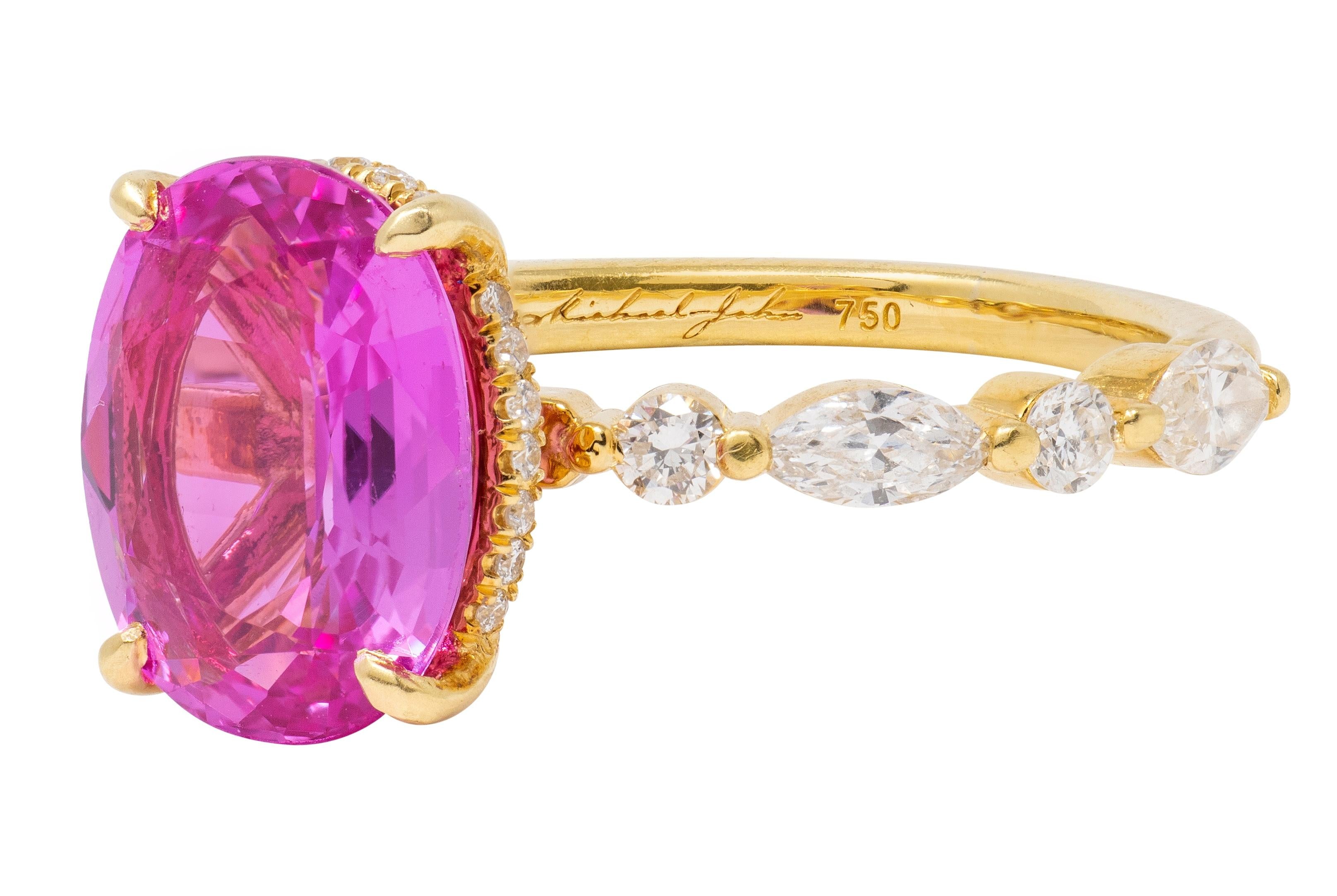 Michael John 4.14 CTW Pink Sapphire Diamond 18K Gold Contemporary Halo Ring