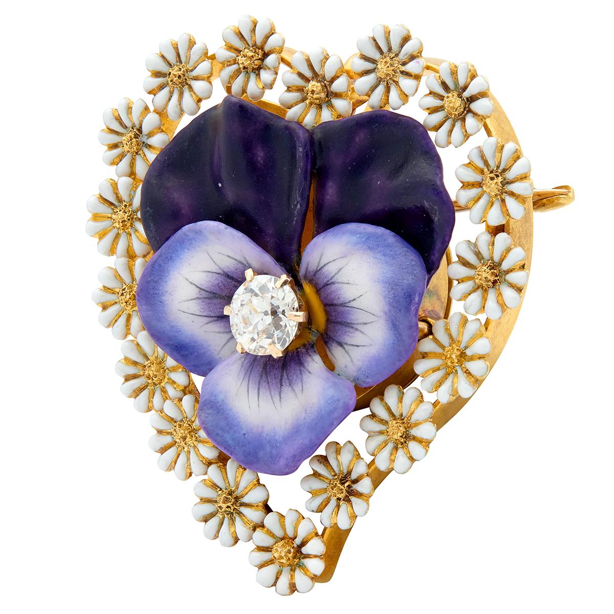 T.B. Starr Victorian 1885 Diamond Enamel 14K Gold Antique Pansy Daisy Brooch