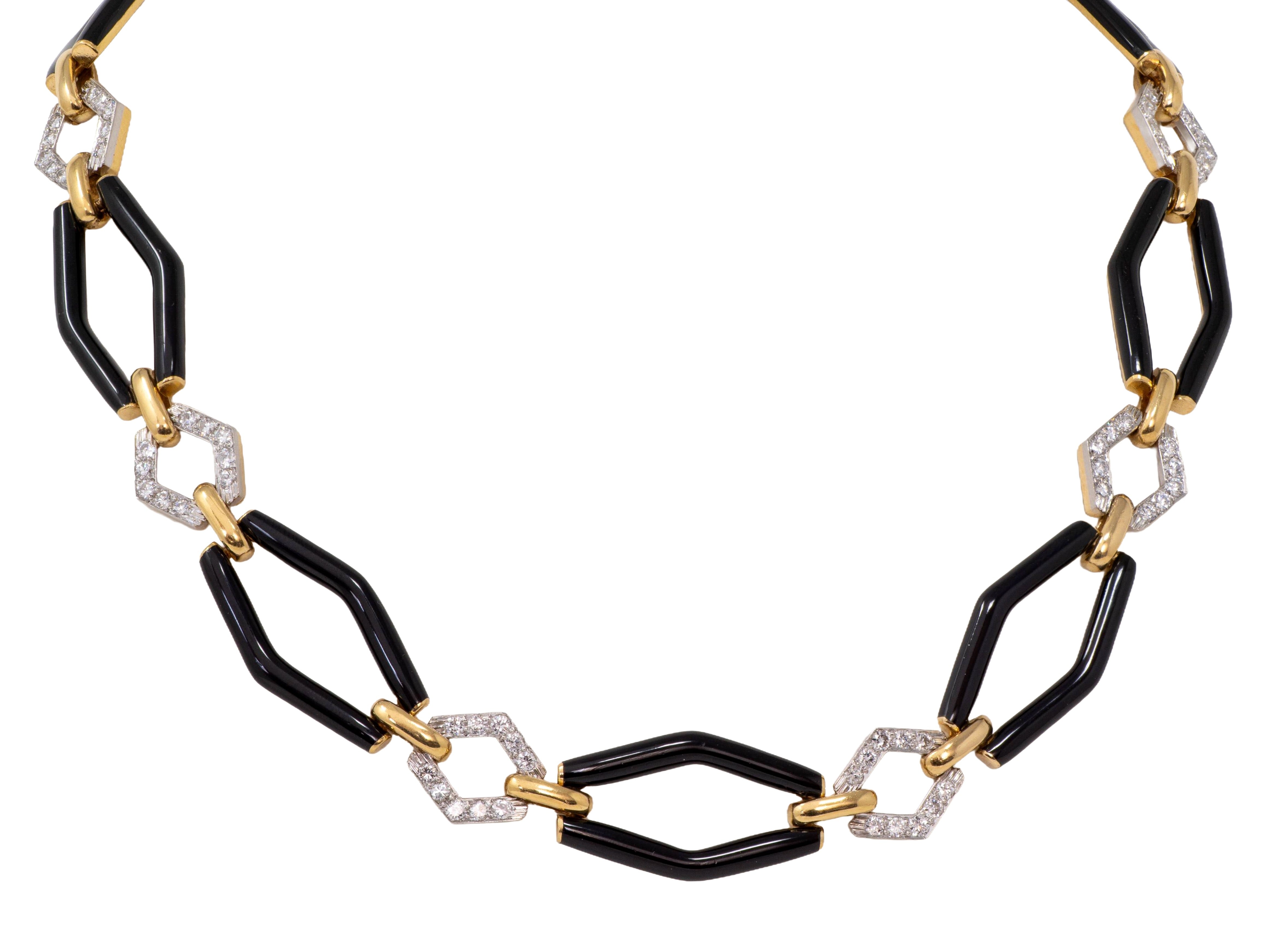 David Webb 1980's Diamond Enamel 18 Karat Yellow Gold Platinum Vintage Navette Link Necklace