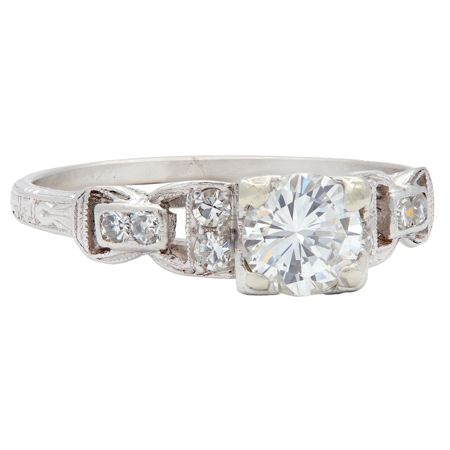 Mid-Century 0.75 CTW Diamond Platinum Buckle Square Form Vintage Engagement Ring