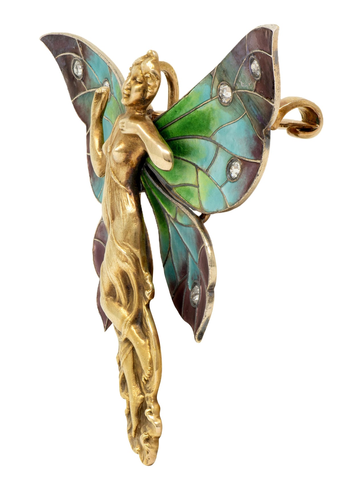 Art Nouveau Diamond Enamel 14 Karat Gold Antique Gibson Girl Fairy Brooch