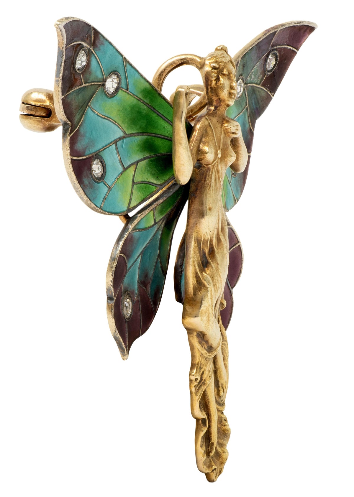 Art Nouveau Diamond Enamel 14 Karat Gold Antique Gibson Girl Fairy Brooch