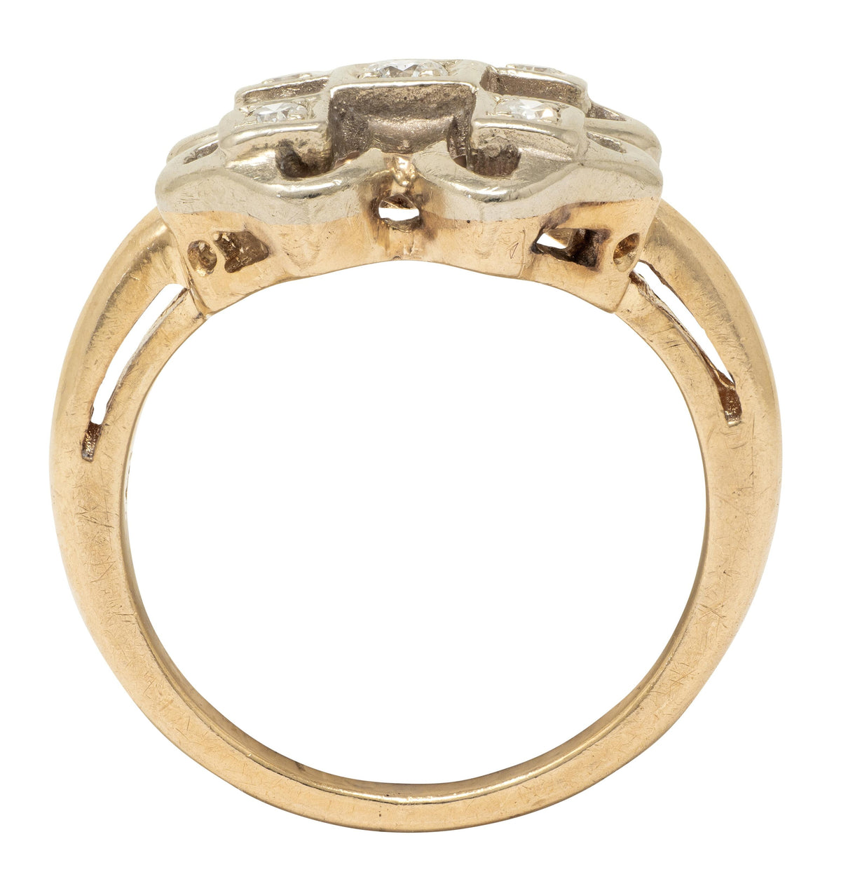 Retro Diamond 14 Karat Two-Tone Gold Vintage Four Leaf Clover Dinner Ring