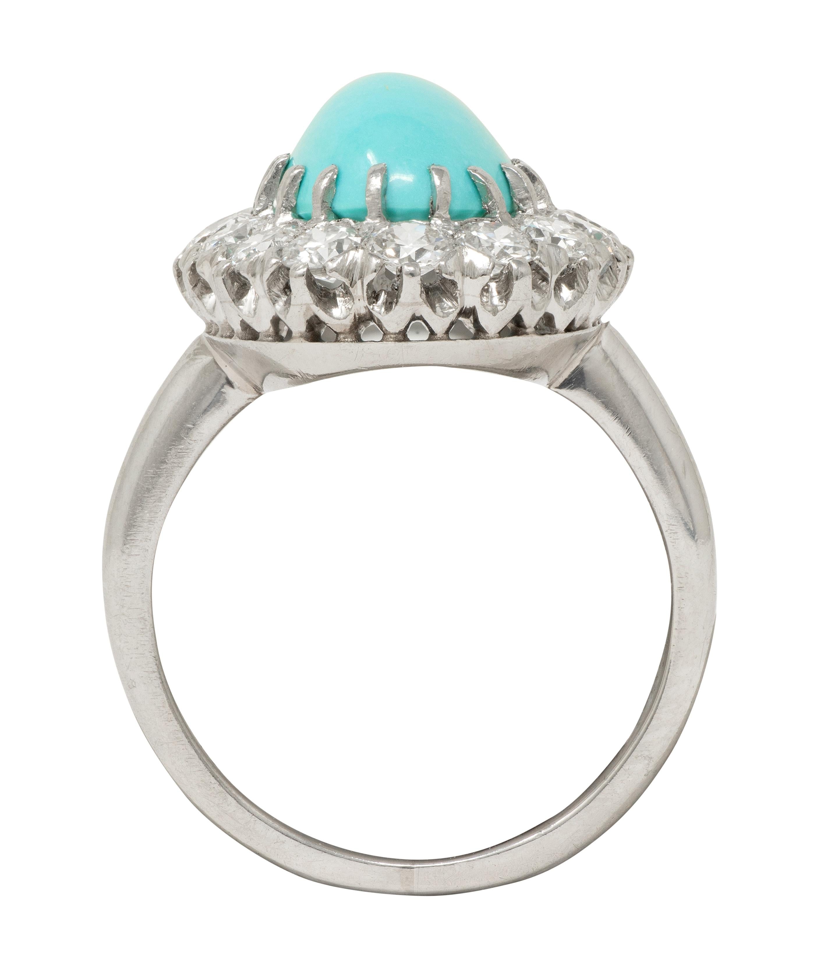 Art Deco 1.12 CTW Turquoise Cabochon Diamond Platinum Vintage Halo Ring