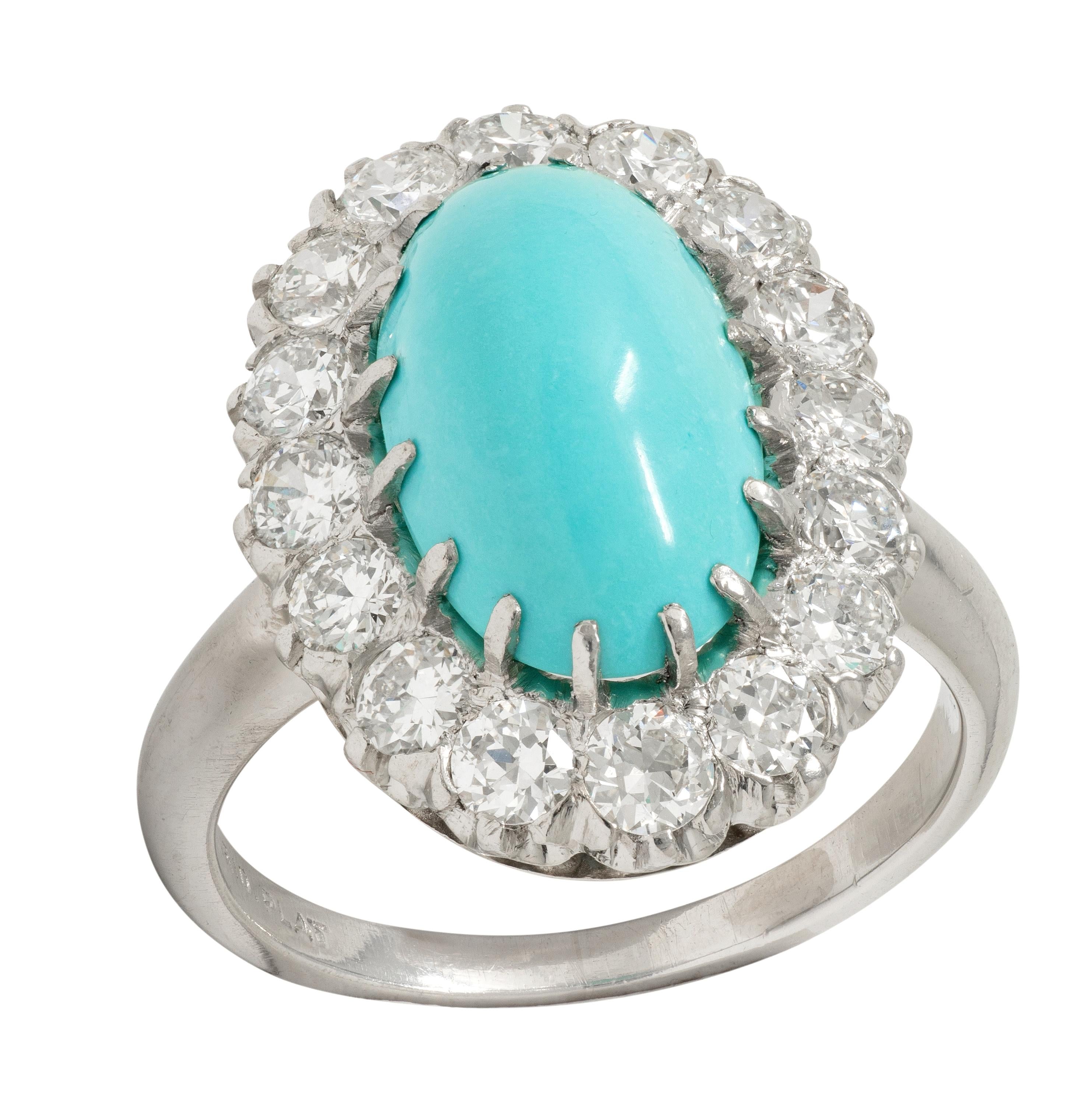 Art Deco 1.12 CTW Turquoise Cabochon Diamond Platinum Vintage Halo Ring