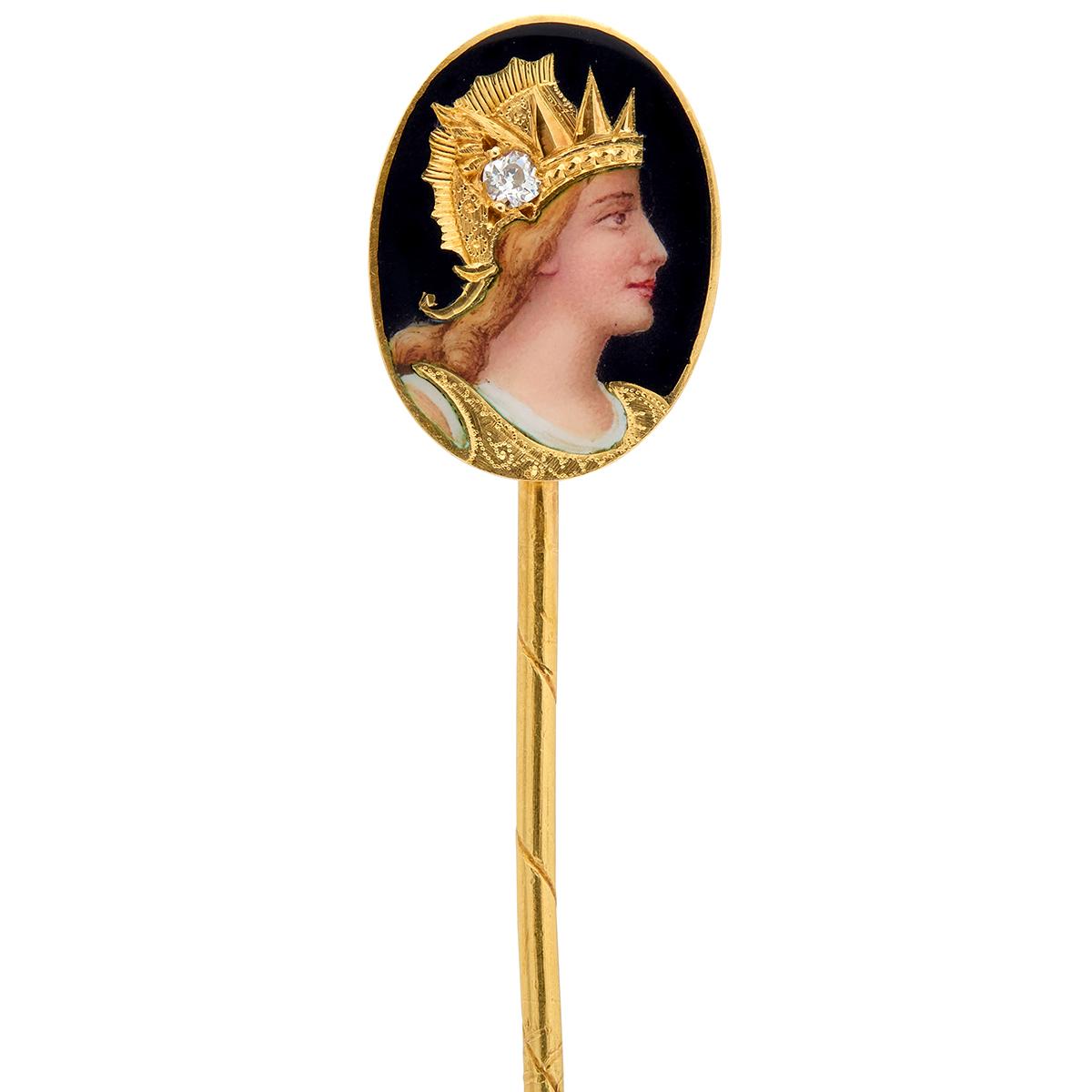 Victorian Old Mine Diamond Enamel 18K Gold Antique Greek Goddess Athena Stickpin