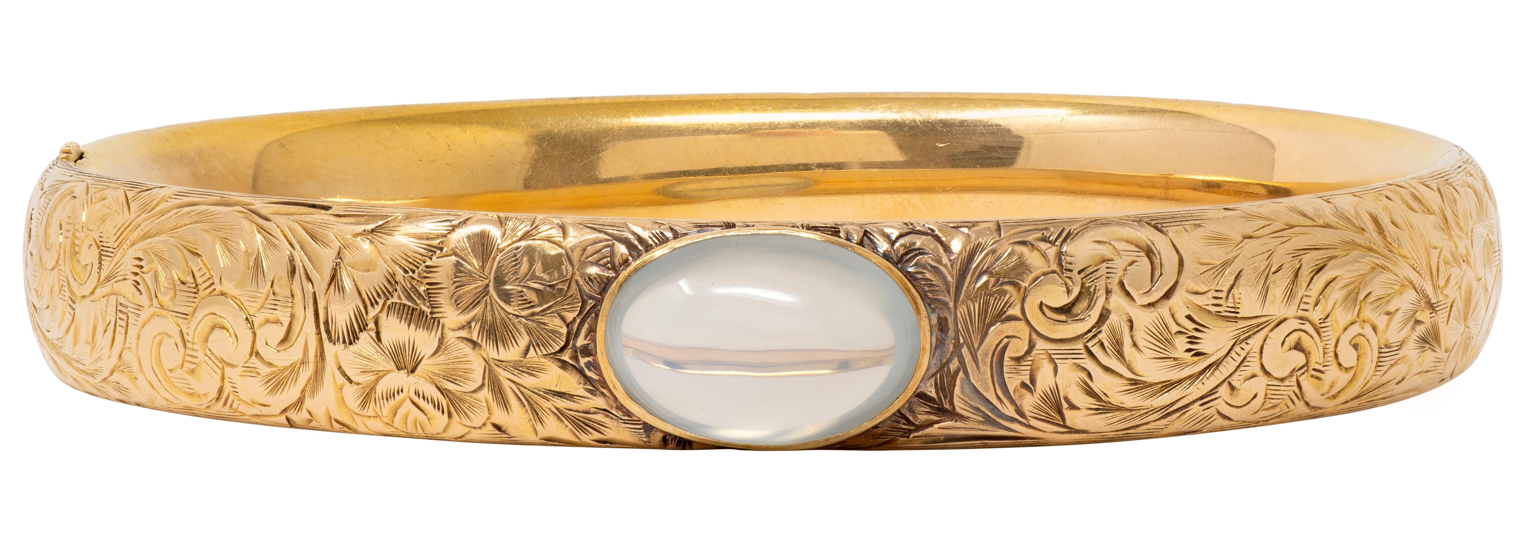 Wordley Allsopp & Bliss Art Deco Moonstone 14K Gold Antique Bangle Bracelet