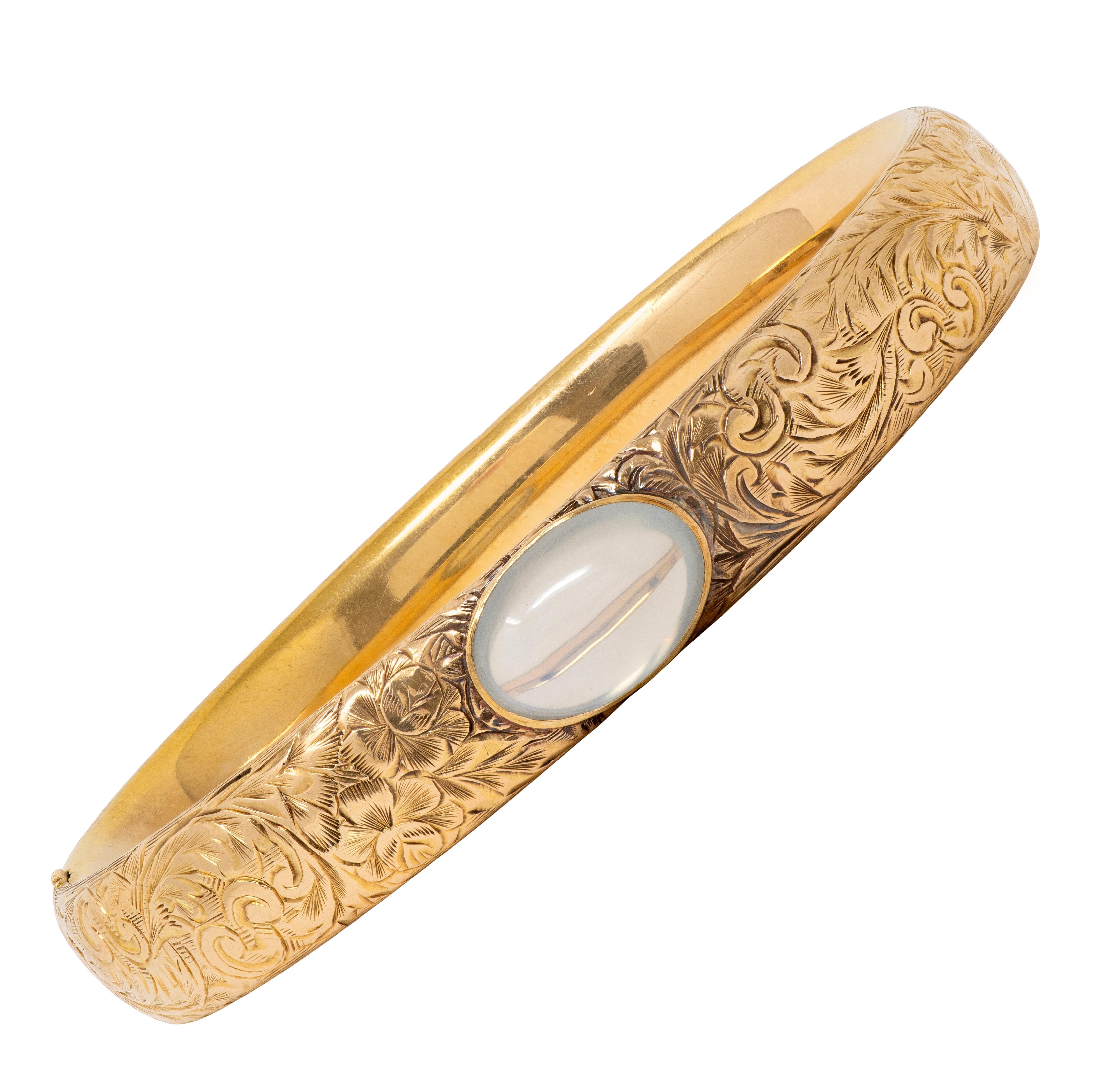 Wordley Allsopp & Bliss Art Deco Moonstone 14K Gold Antique Bangle Bracelet
