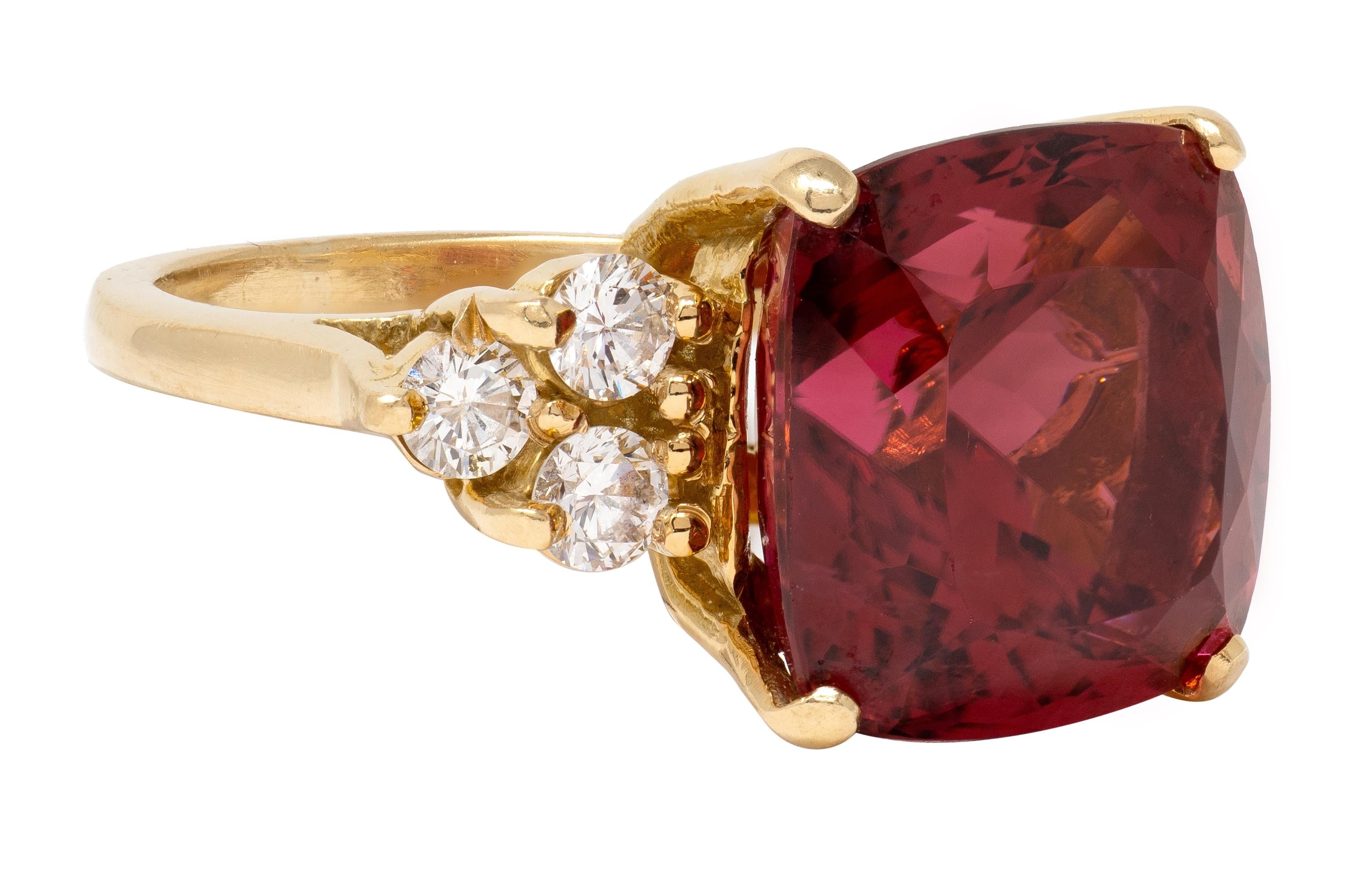 1980's Rubellite Tourmaline Diamond 18 Karat Yellow Gold Vintage Cocktail Ring