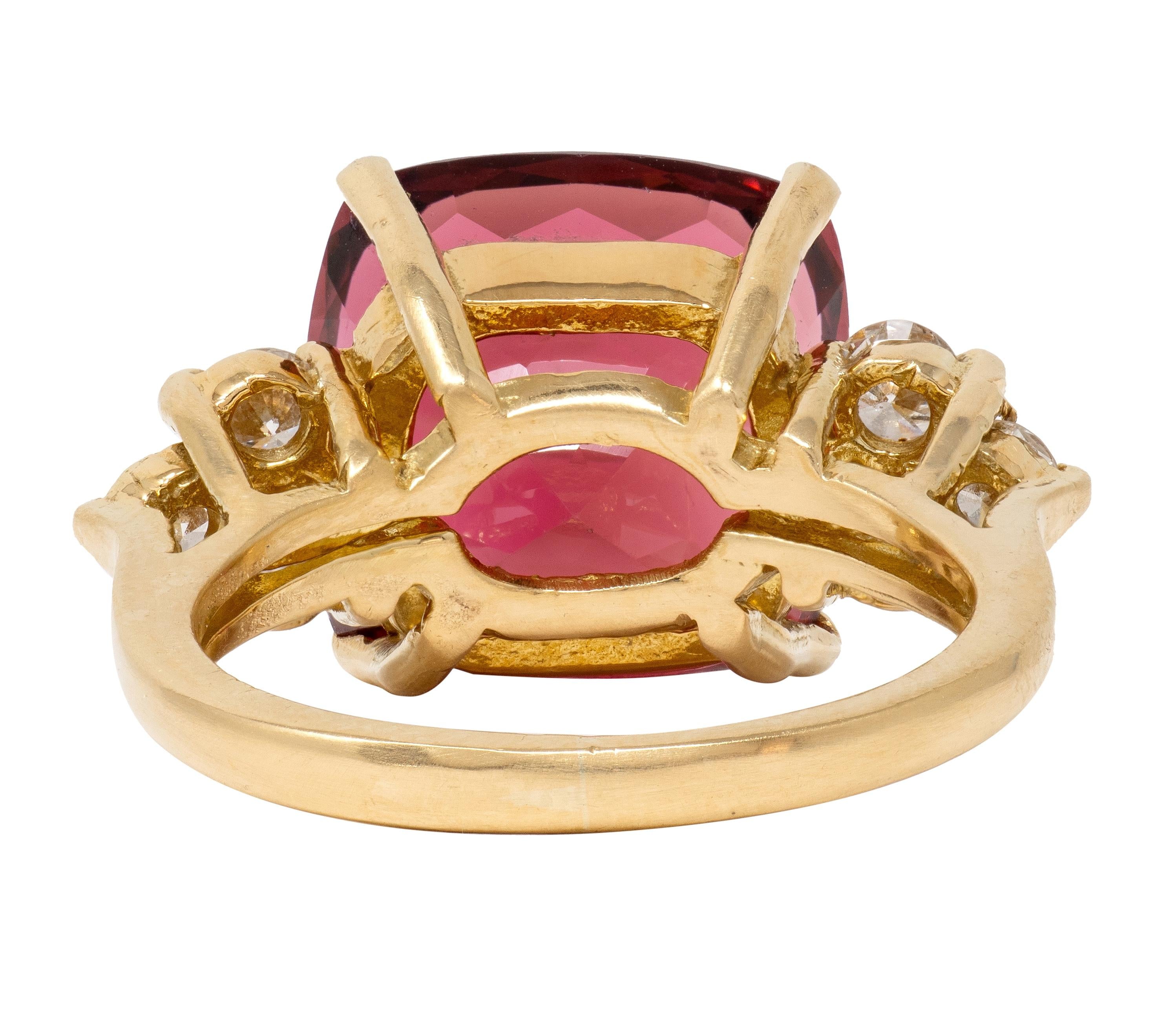 1980's Rubellite Tourmaline Diamond 18 Karat Yellow Gold Vintage Cocktail Ring