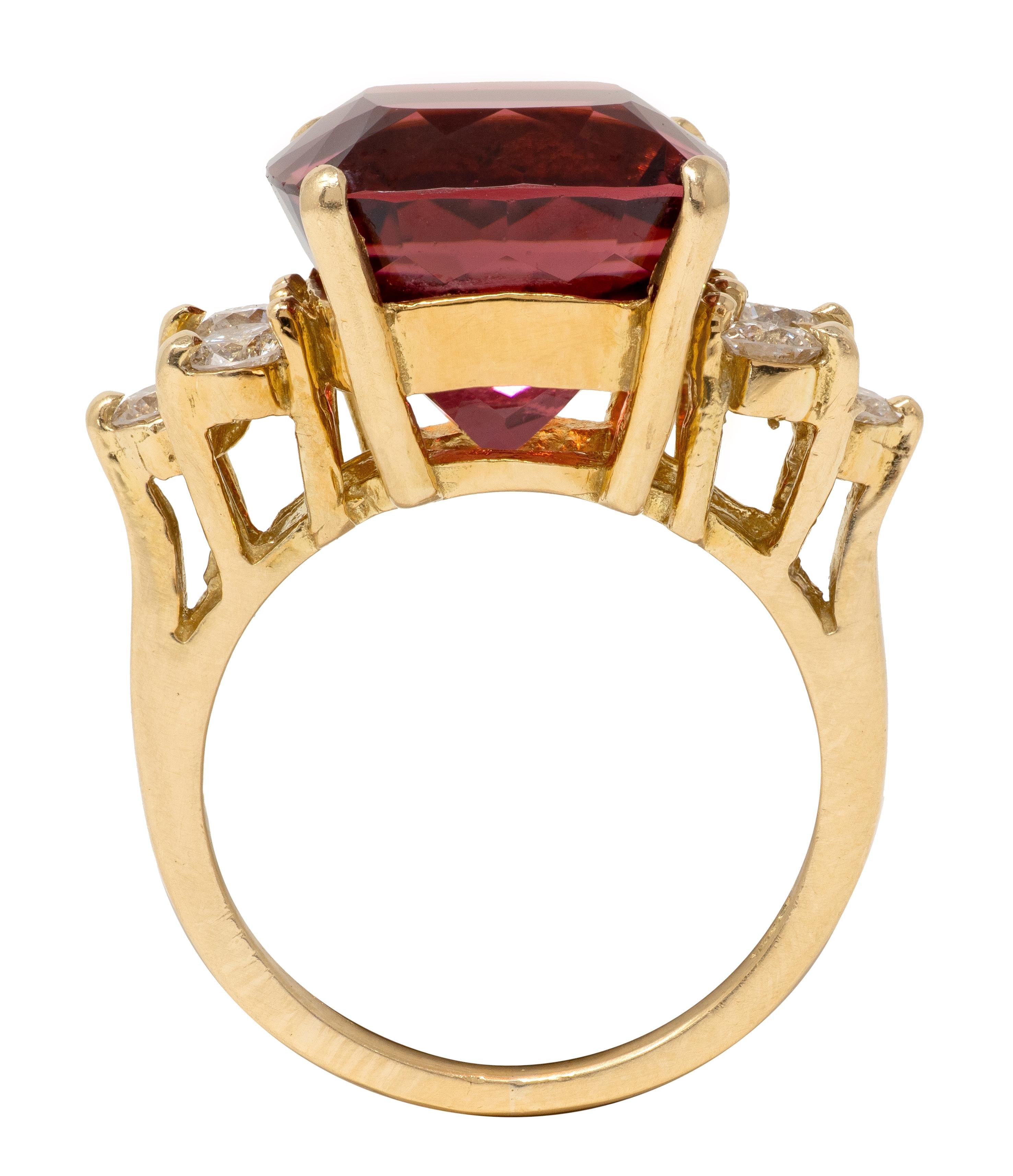 1980's Rubellite Tourmaline Diamond 18 Karat Yellow Gold Vintage Cocktail Ring