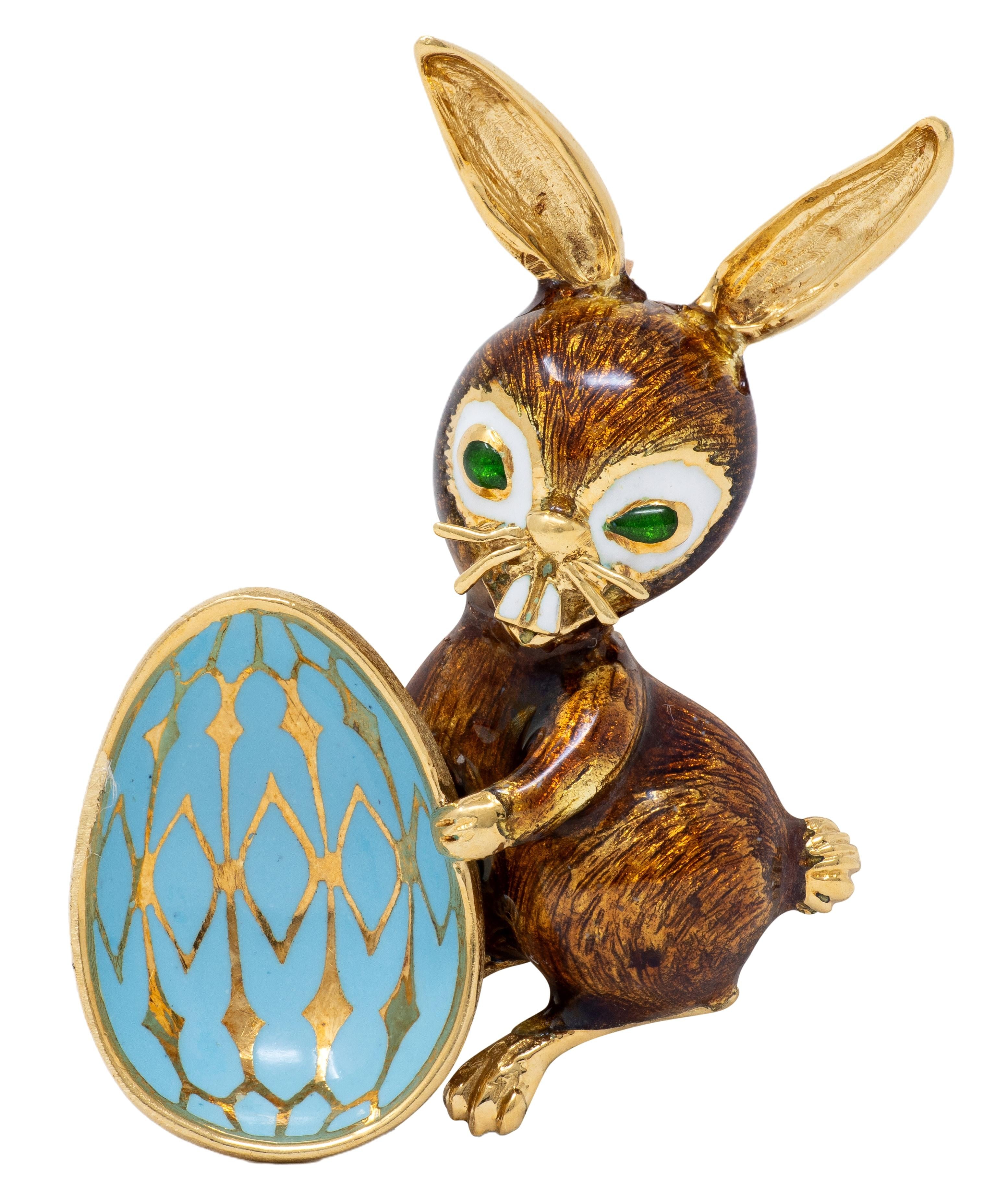 1960's Enamel 18 Karat Yellow Gold Vintage Festive Easter Bunny Brooch
