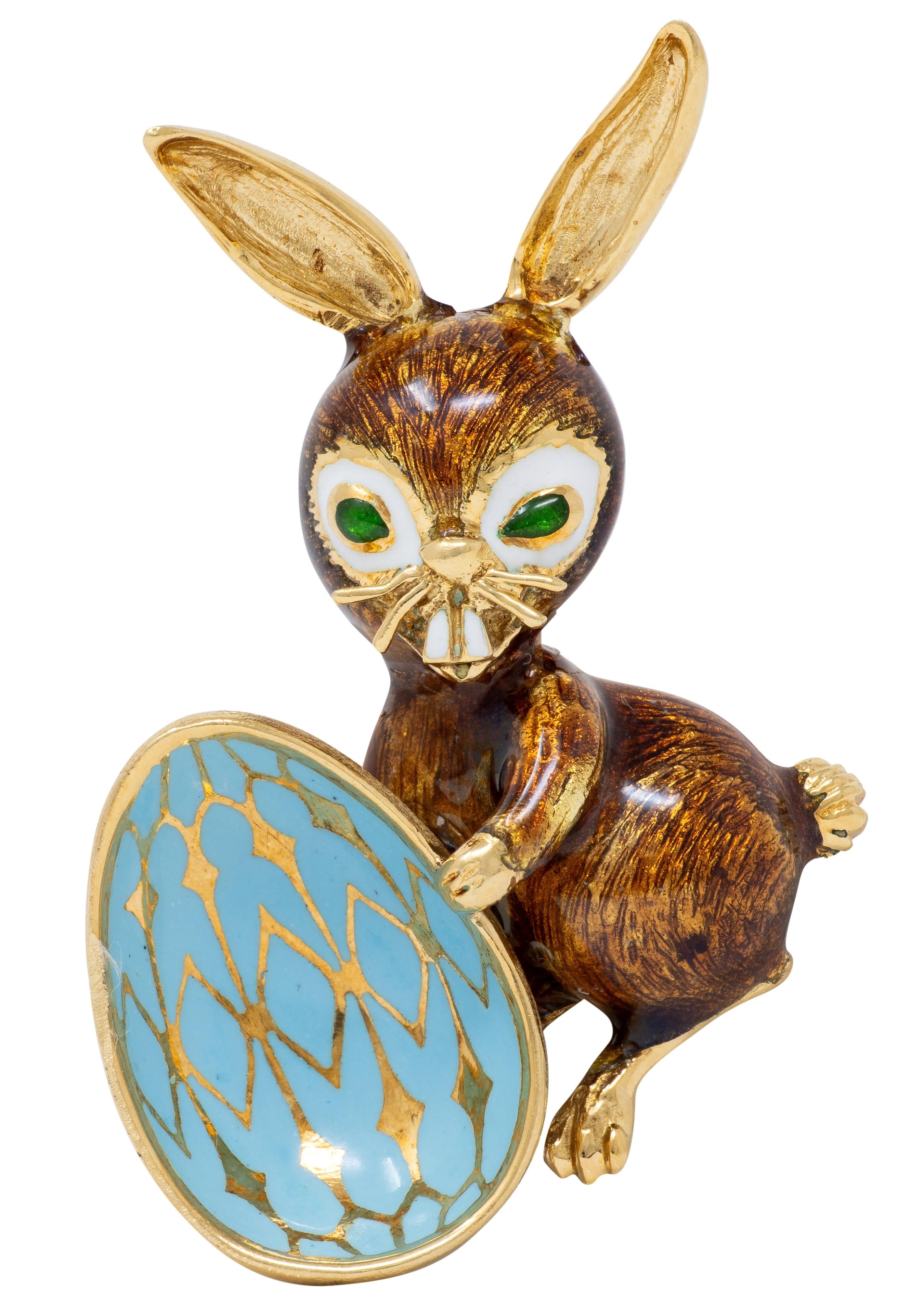 1960's Enamel 18 Karat Yellow Gold Vintage Festive Easter Bunny Brooch
