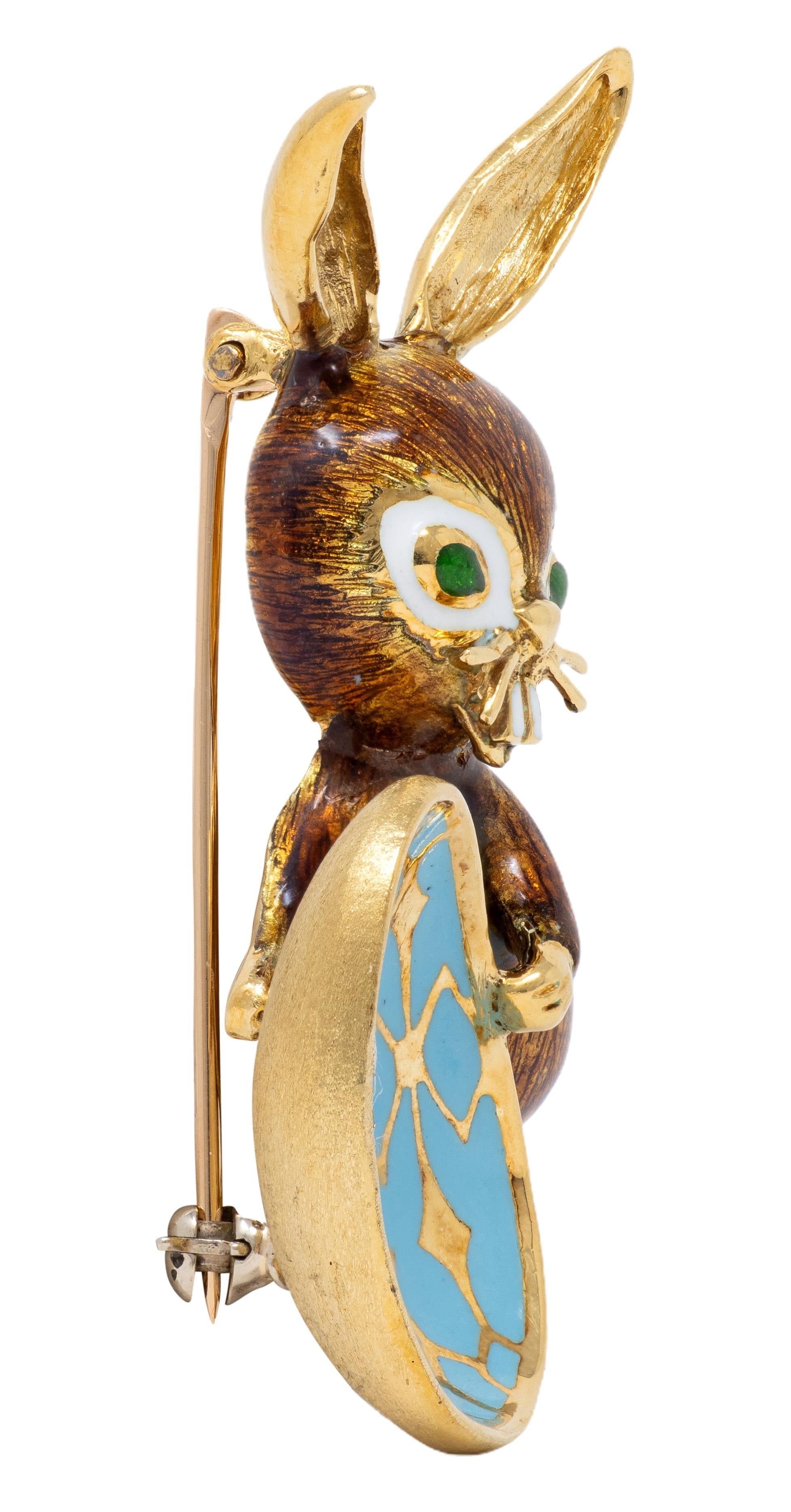 1960's Enamel 18 Karat Yellow Gold Vintage Festive Easter Bunny Brooch