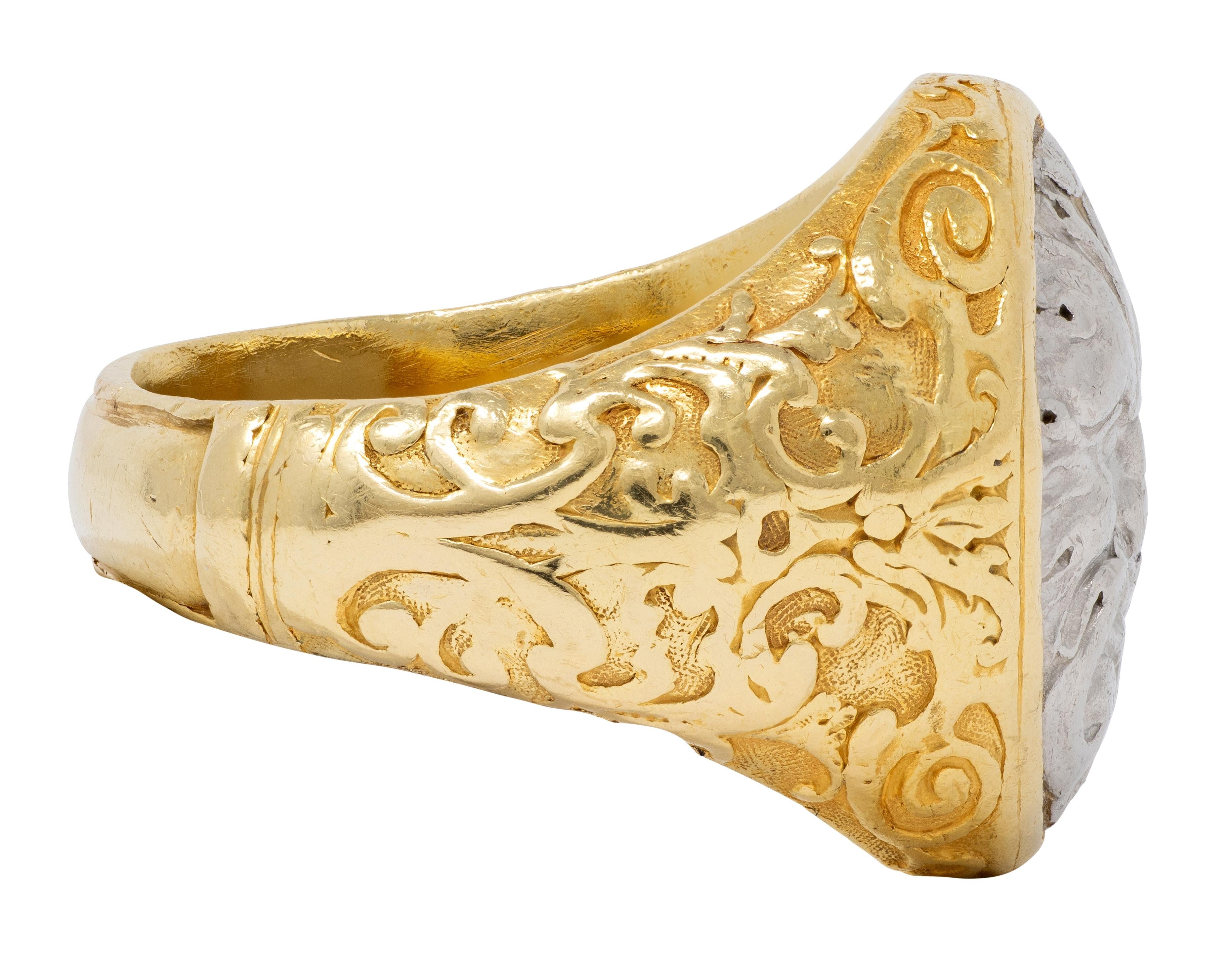 Paul Lantuch 2000's 18 Karat Yellow Gold Platinum Unisex Green Man Signet
