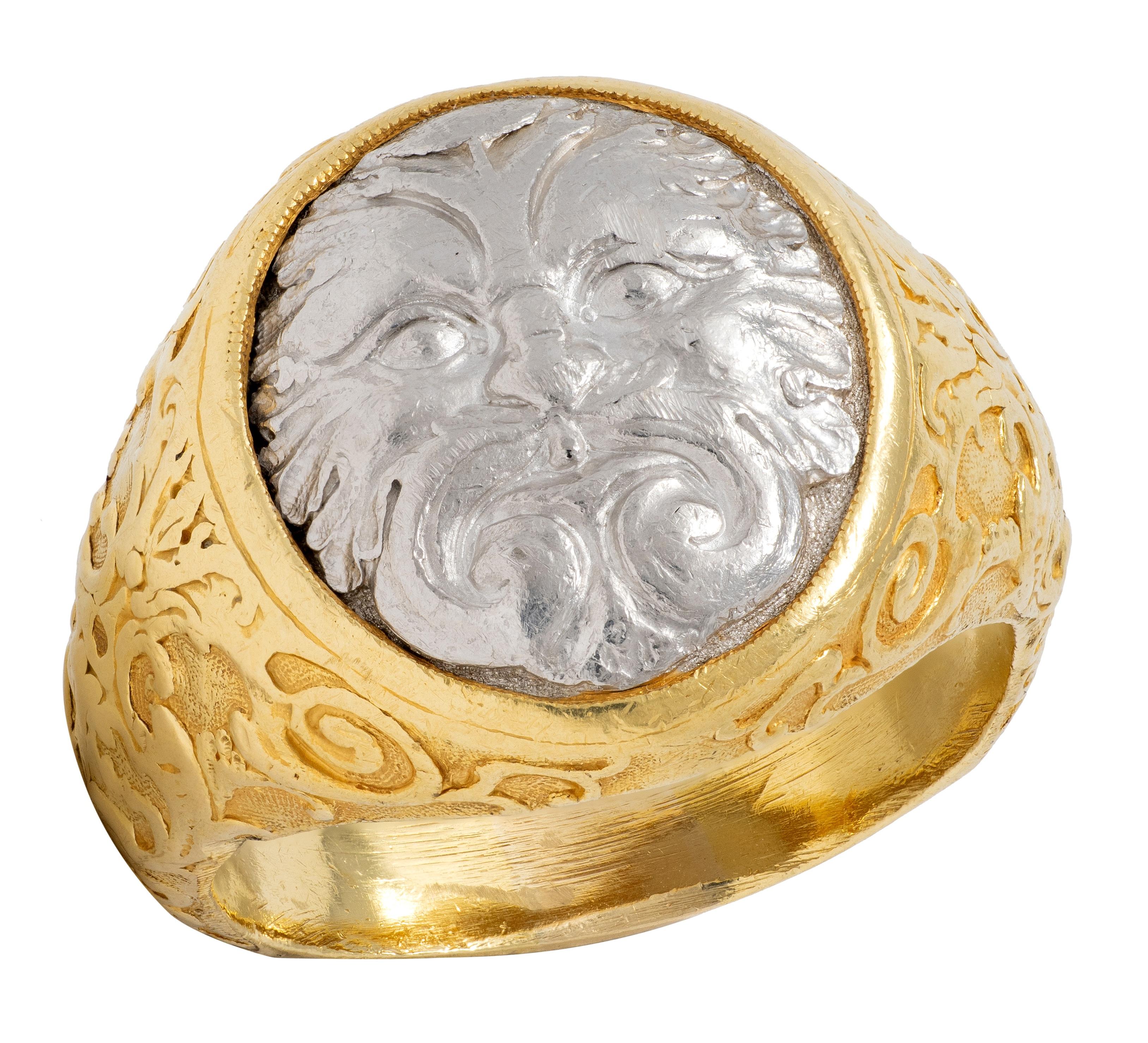 Paul Lantuch 2000's 18 Karat Yellow Gold Platinum Unisex Green Man Signet