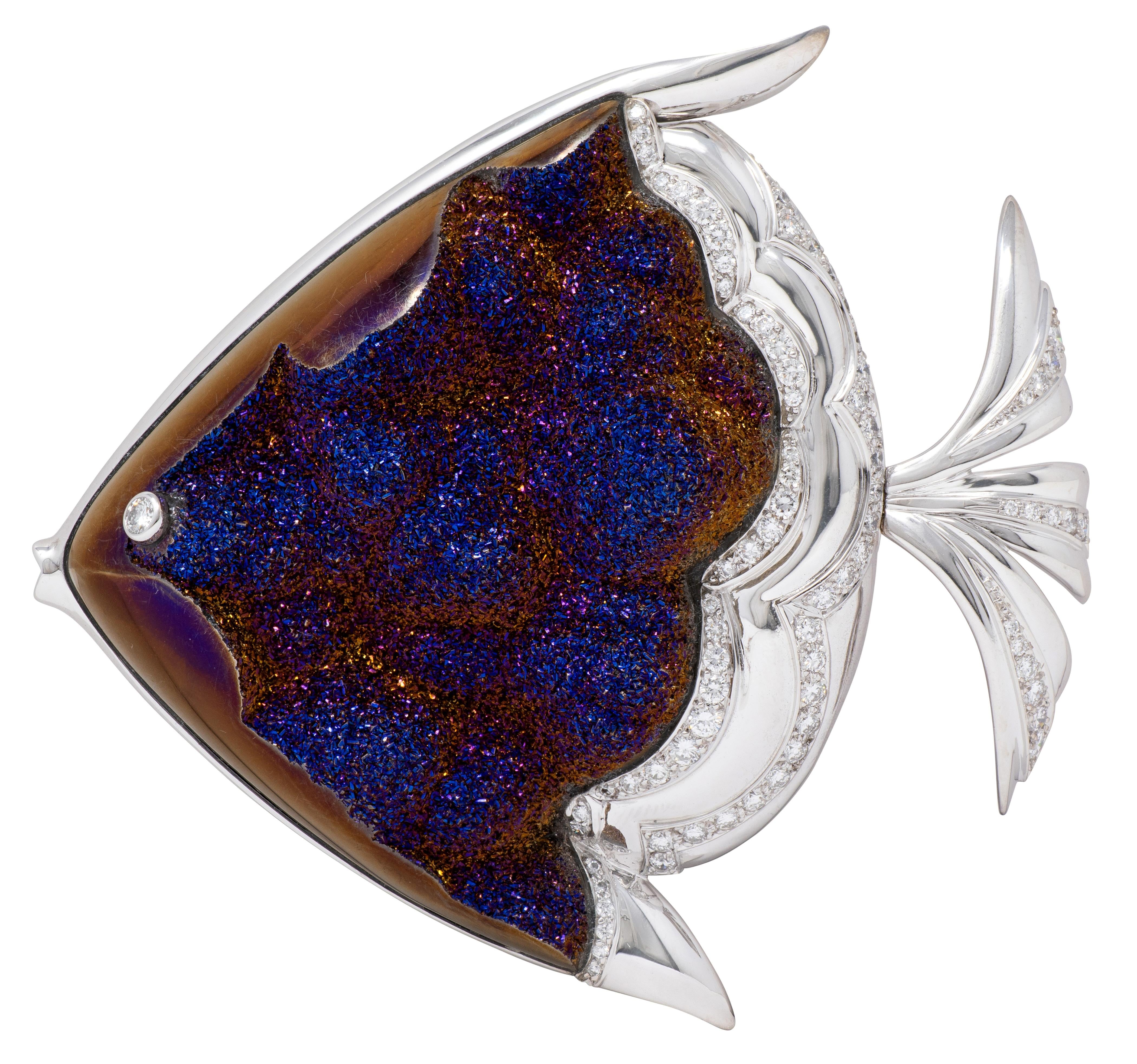 Mauboussin Paris 1990 Diamond Platinum Vintage Titania Drusy Quartz Fish Brooch