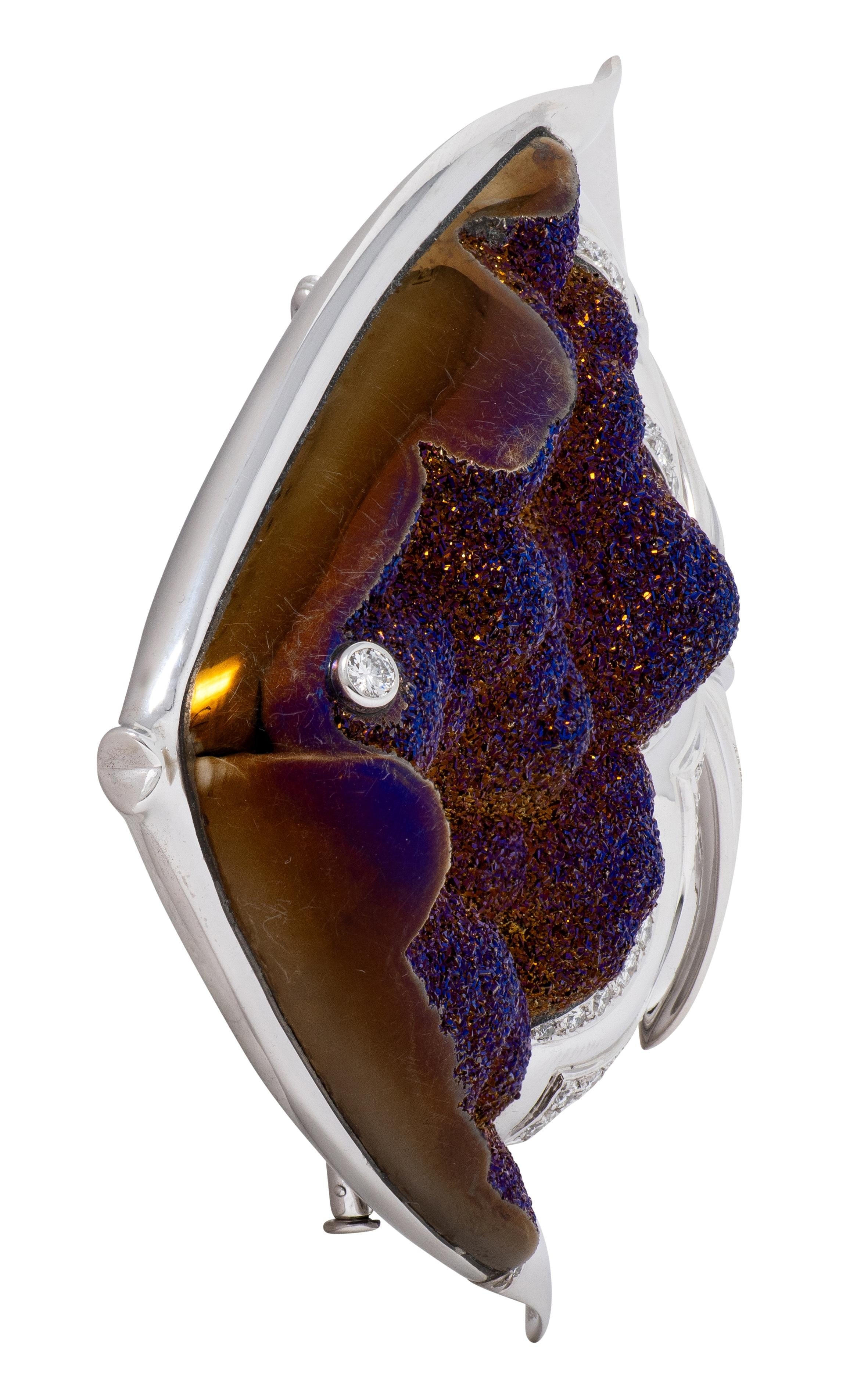 Mauboussin Paris 1990 Diamond Platinum Vintage Titania Drusy Quartz Fish Brooch