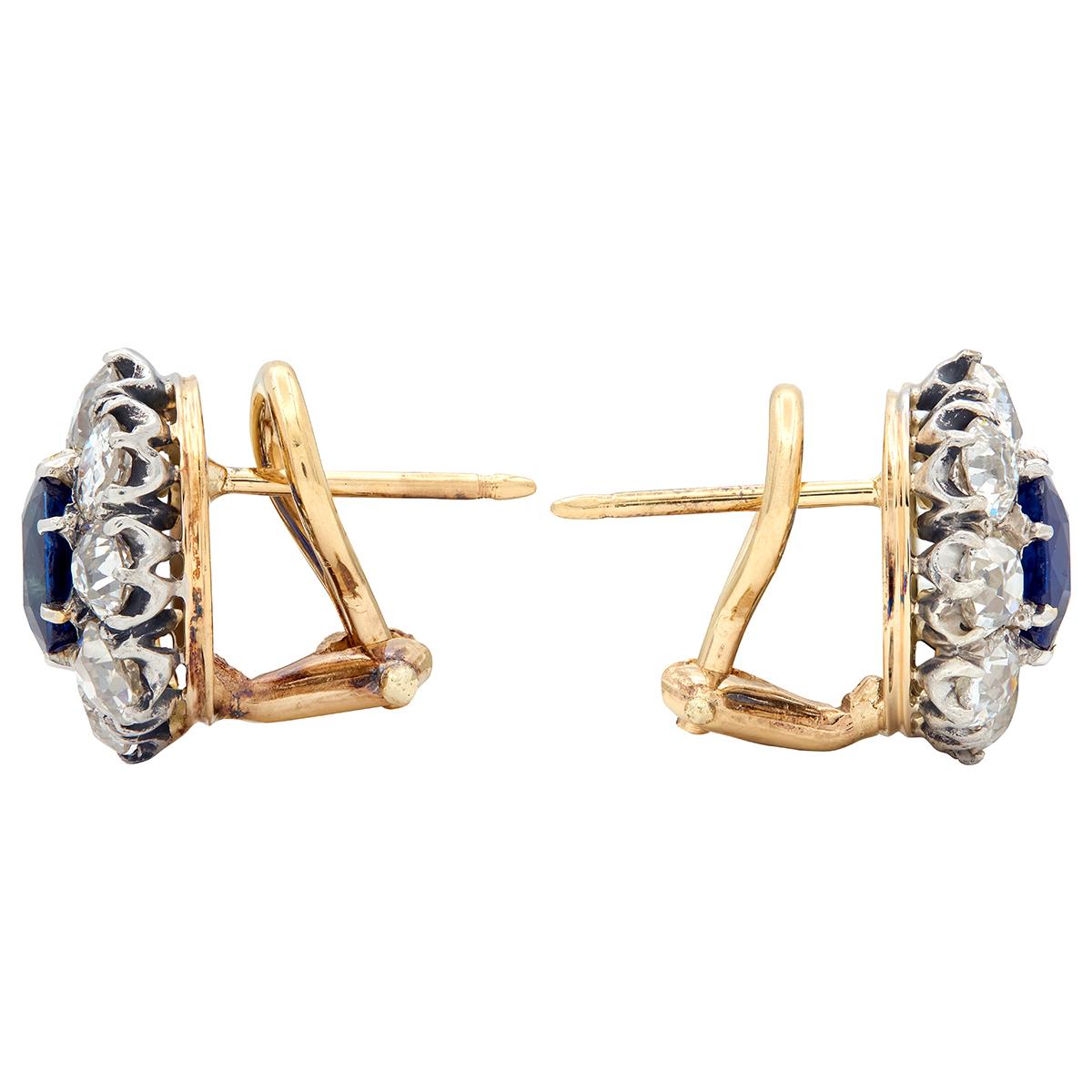 5.26 CTW Sapphire Diamond 14 Karat Yellow Gold Platinum Vintage Halo Earrings