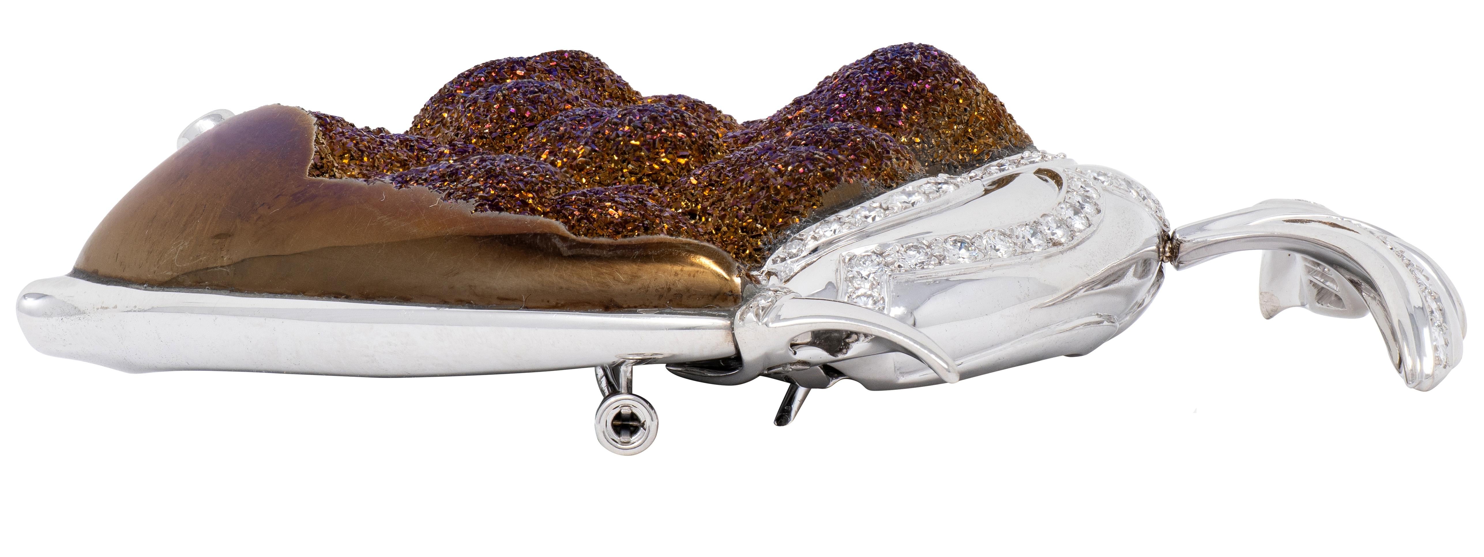 Mauboussin Paris 1990 Diamond Platinum Vintage Titania Drusy Quartz Fish Brooch