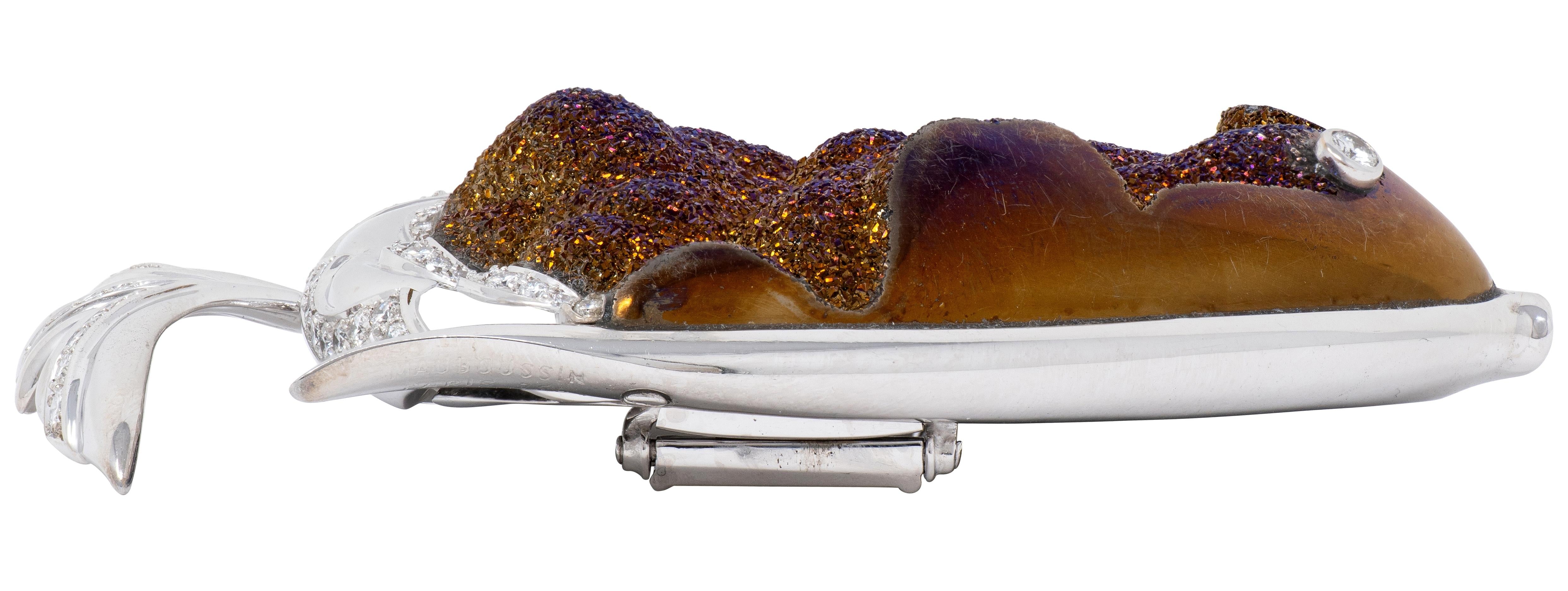 Mauboussin Paris 1990 Diamond Platinum Vintage Titania Drusy Quartz Fish Brooch