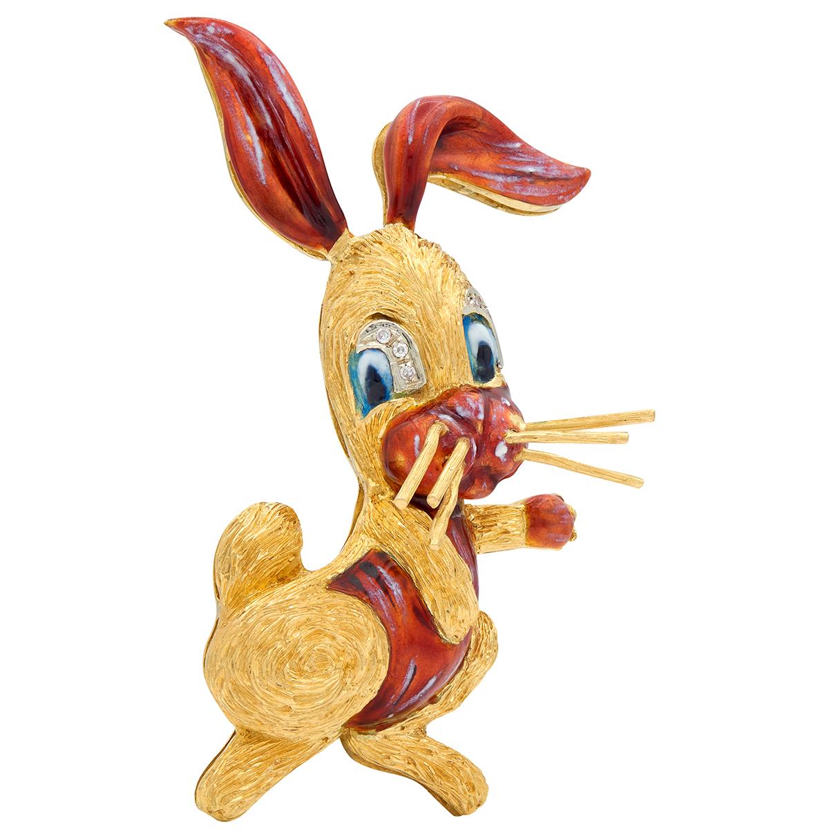 1960's Diamond Enamel 18 Karat Two-Tone Gold Vintage Cartoon Rabbit Brooch