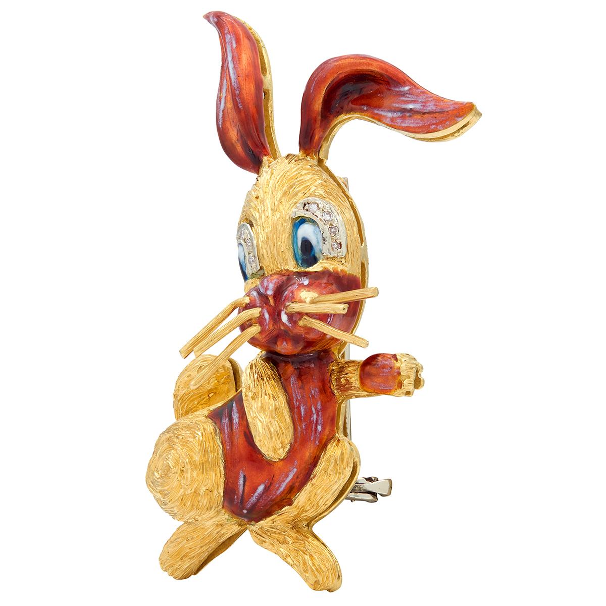 1960's Diamond Enamel 18 Karat Two-Tone Gold Vintage Cartoon Rabbit Brooch
