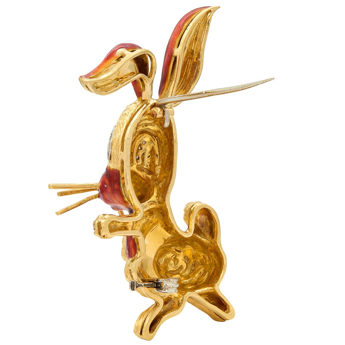 1960's Diamond Enamel 18 Karat Two-Tone Gold Vintage Cartoon Rabbit Brooch