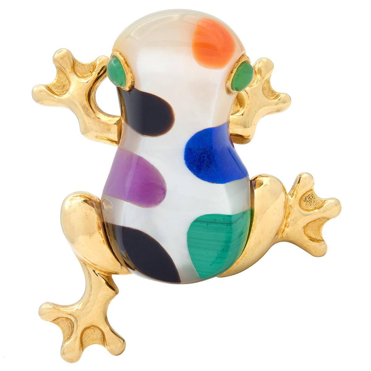 Asch Grossbardt 1980's Multi-Gem 14 Karat Yellow Gold Vintage Inlay Frog Brooch