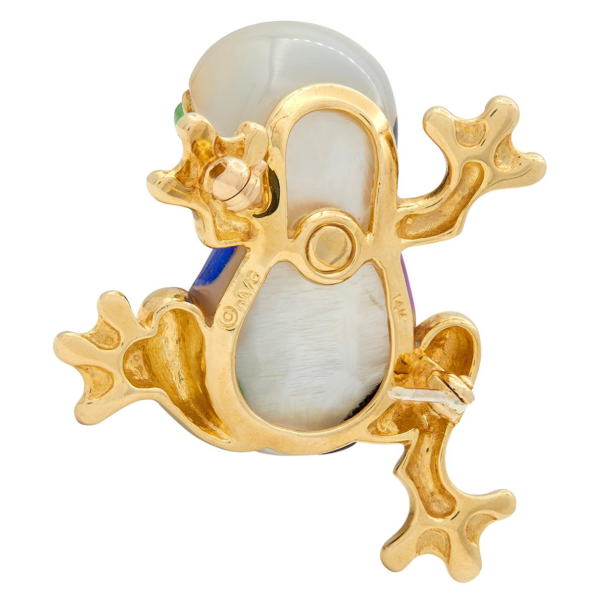 Asch Grossbardt 1980's Multi-Gem 14 Karat Yellow Gold Vintage Inlay Frog Brooch