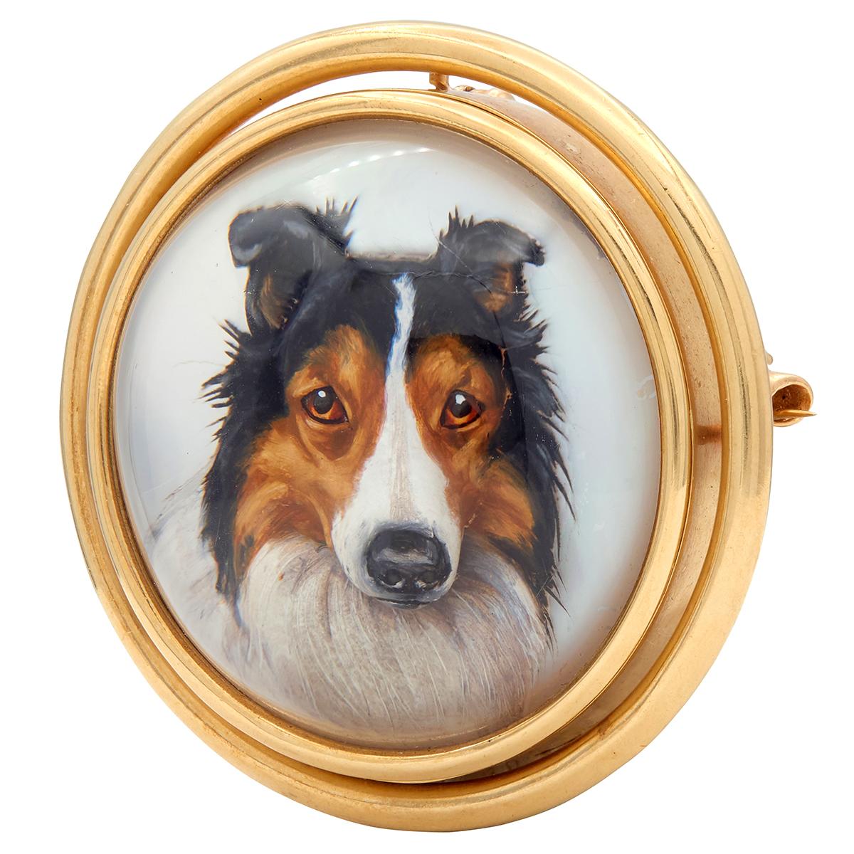 Krementz & Co. 1900's Essex Crystal 14K Yellow Gold Antique Collie Dog Brooch