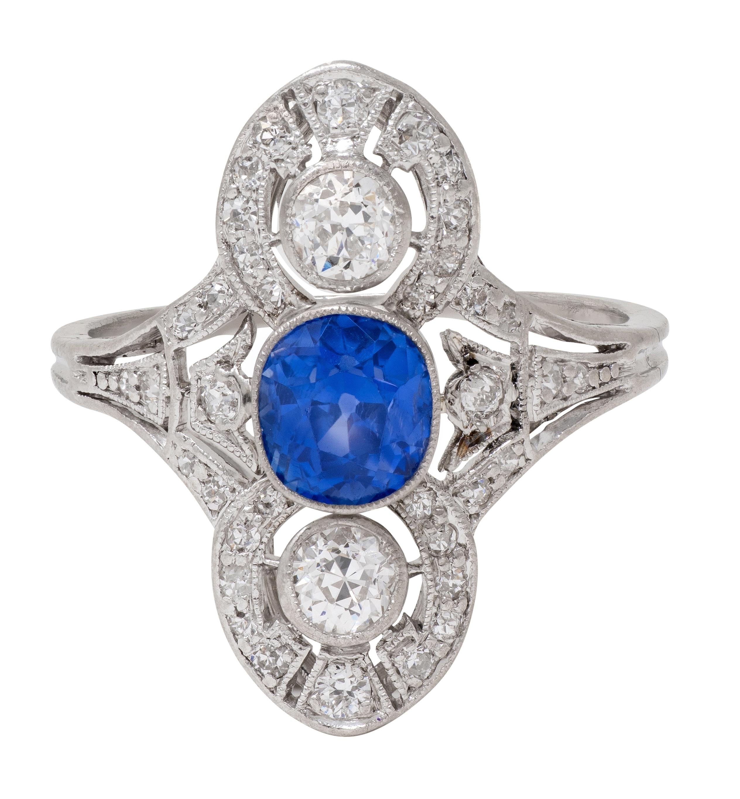 Art Deco 1.70 CTW No Heat Ceylon Sapphire Diamond Vintage Dinner Ring AGL