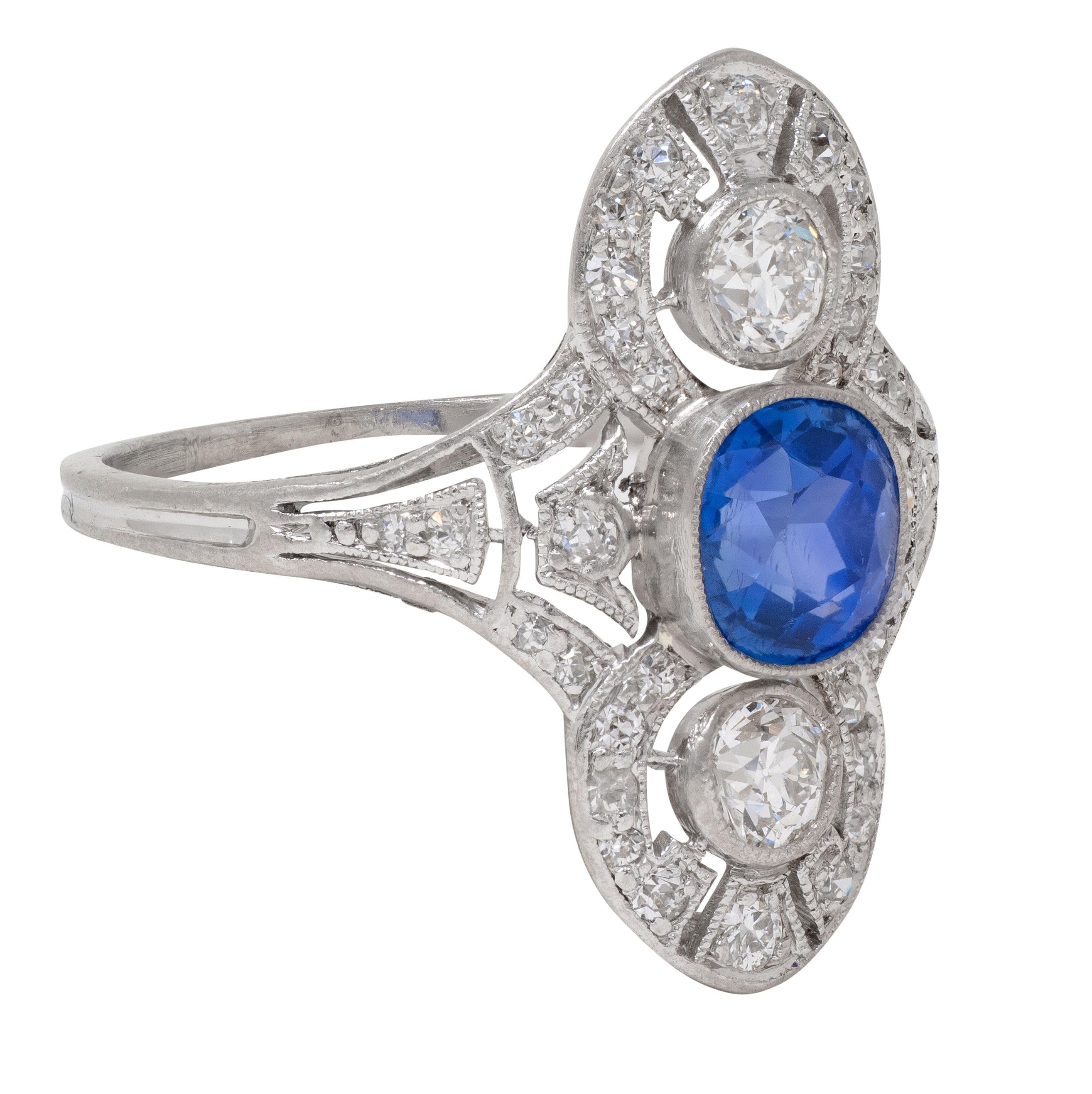 Art Deco 1.70 CTW No Heat Ceylon Sapphire Diamond Vintage Dinner Ring AGL