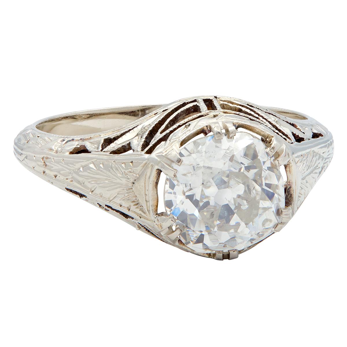 Art Deco 1.69 Old Mine Cut Diamond 14K Gold Vintage Wheat Engagement Ring