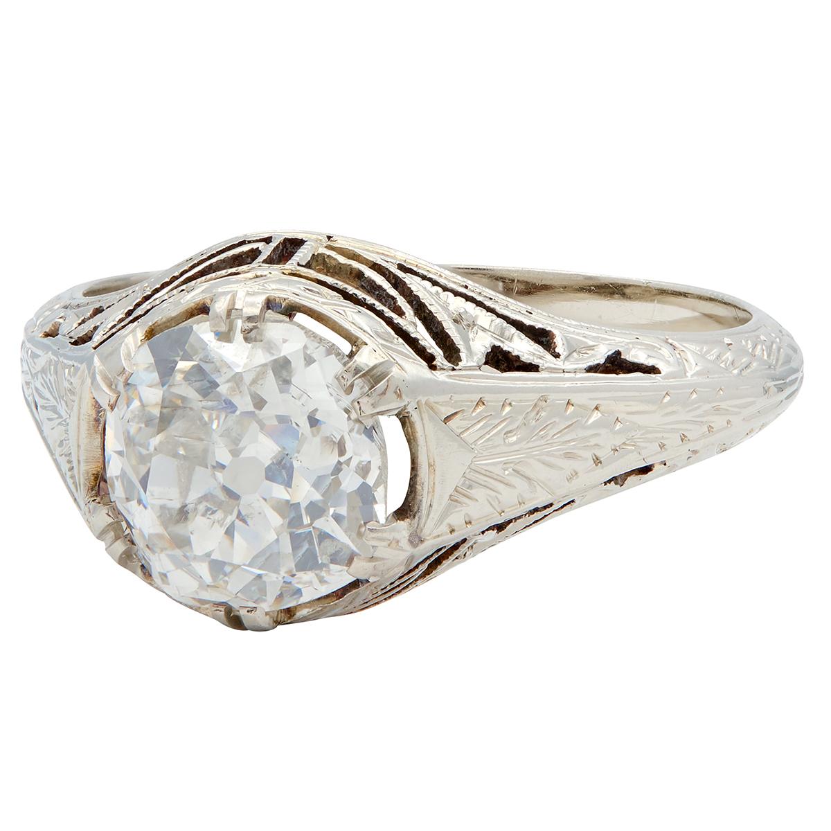 Art Deco 1.69 Old Mine Cut Diamond 14K Gold Vintage Wheat Engagement Ring