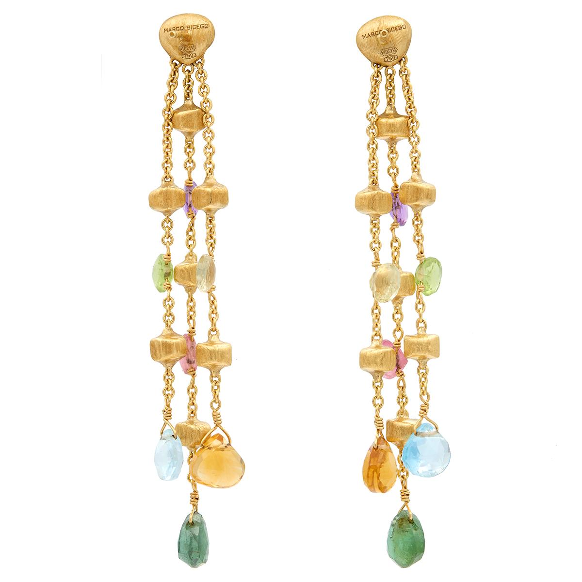 Marco Bicego 2000's Multi-Gem 18K Gold Contemporary Paradise Fringe Earrings