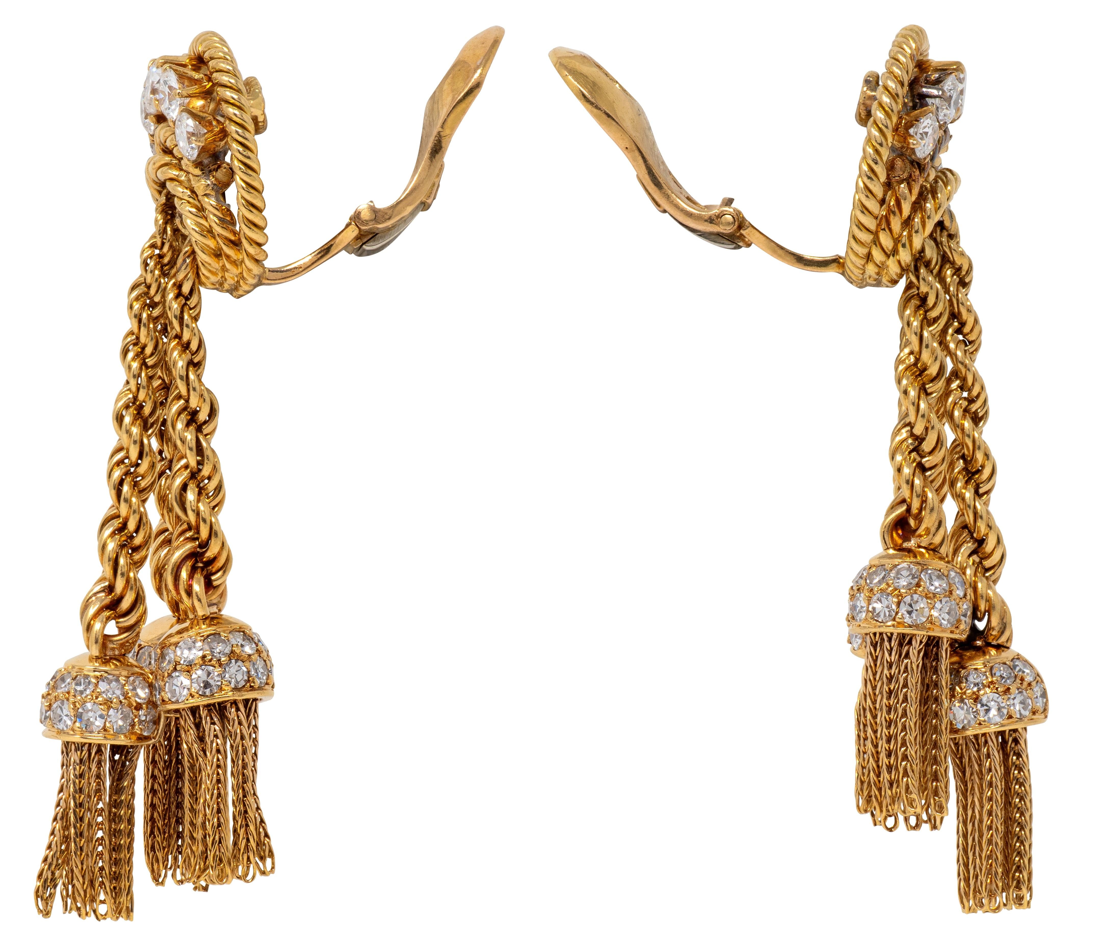 Van Cleef & Arpels L'Enfant 1950's Diamond 18K Gold Vintage Tassel Drop Earrings