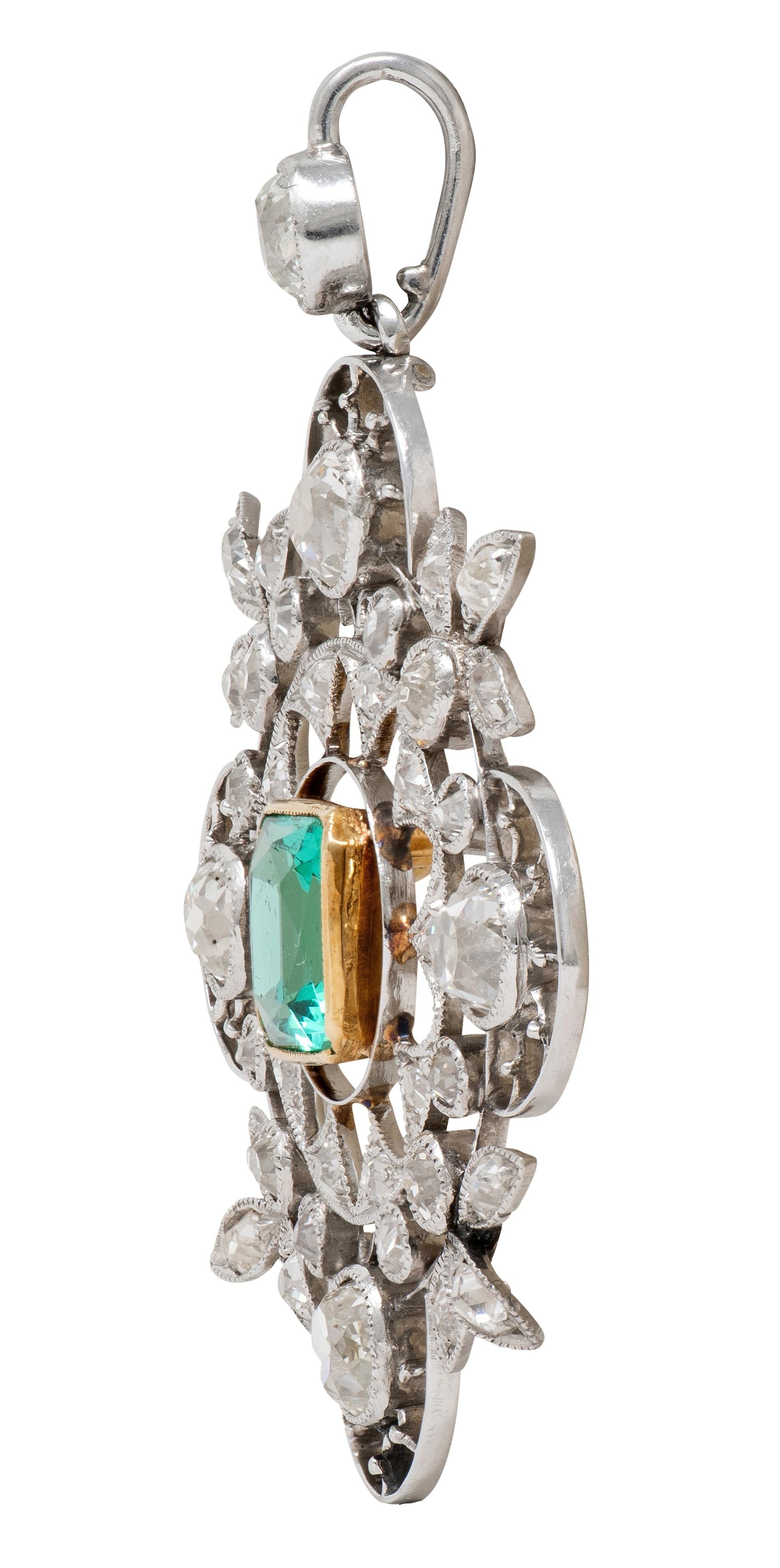 Art Deco 5.09 CTW Emerald Diamond Platinum 18K Gold Vintage Quatrefoil Pendant