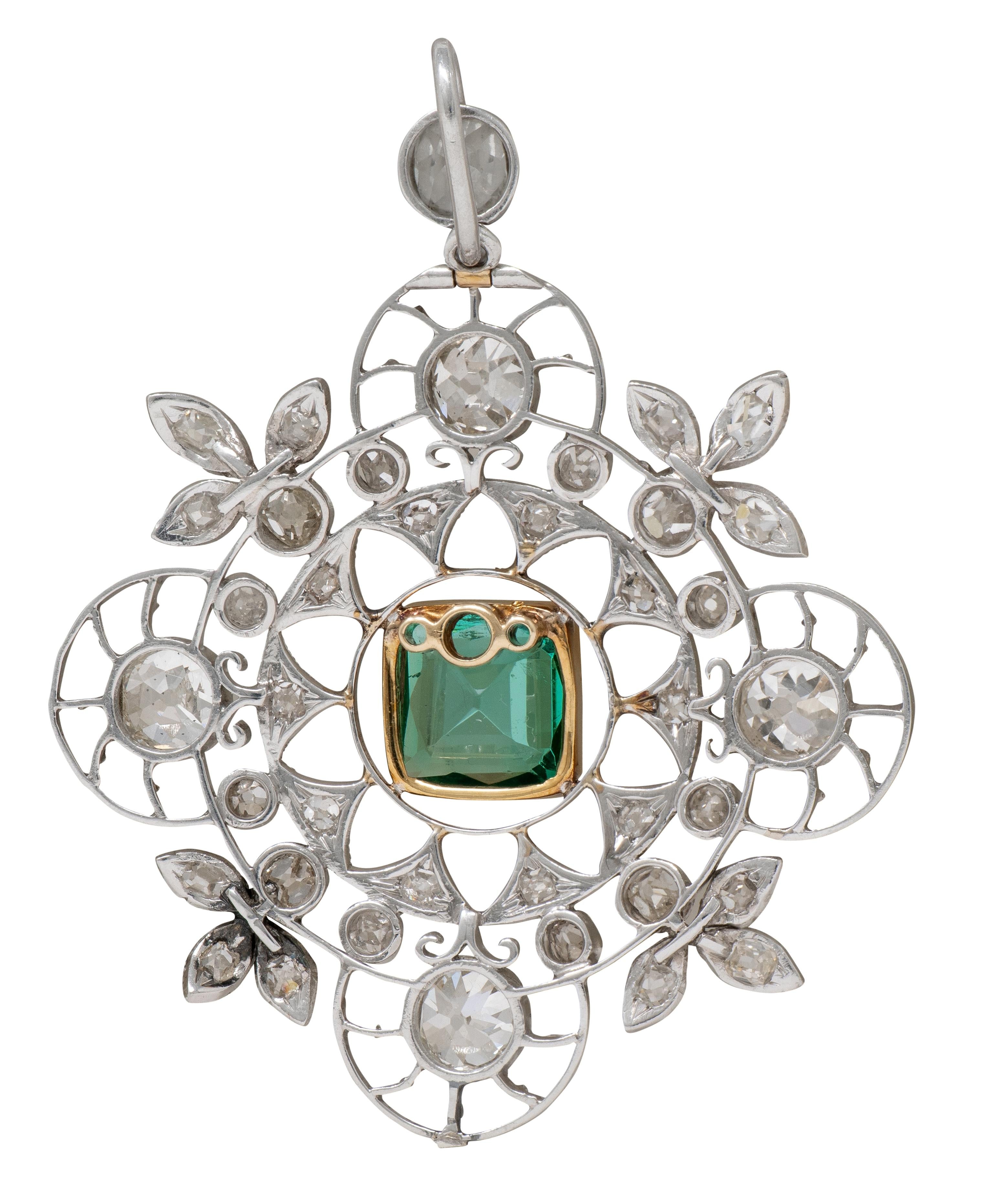 Art Deco 5.09 CTW Emerald Diamond Platinum 18K Gold Vintage Quatrefoil Pendant