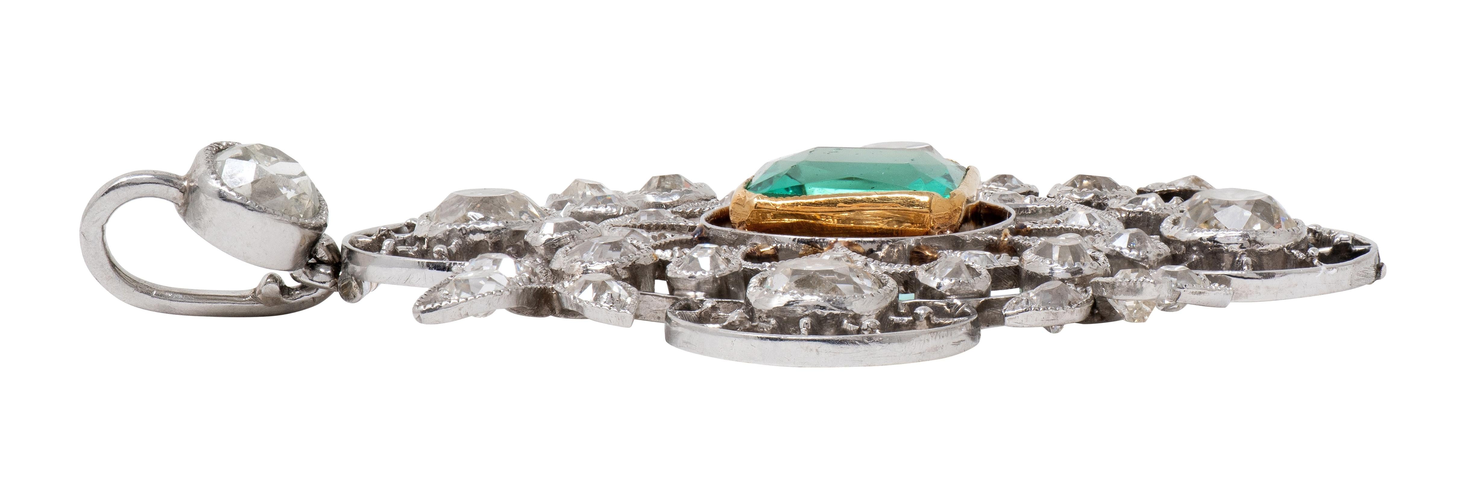 Art Deco 5.09 CTW Emerald Diamond Platinum 18K Gold Vintage Quatrefoil Pendant