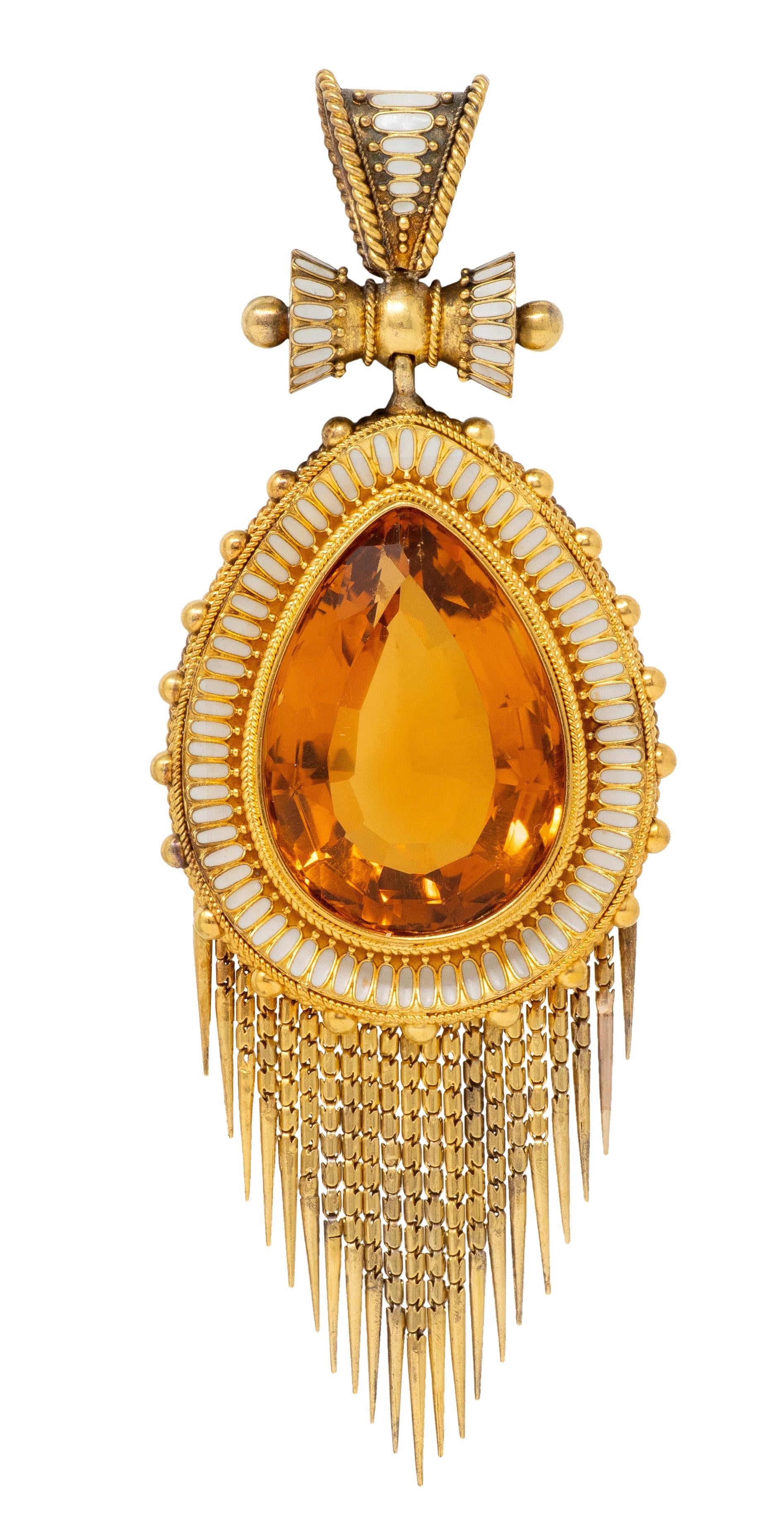 Victorian Etruscan Revival Citrine Enamel 14K Yellow Gold Antique Fringe Pendant