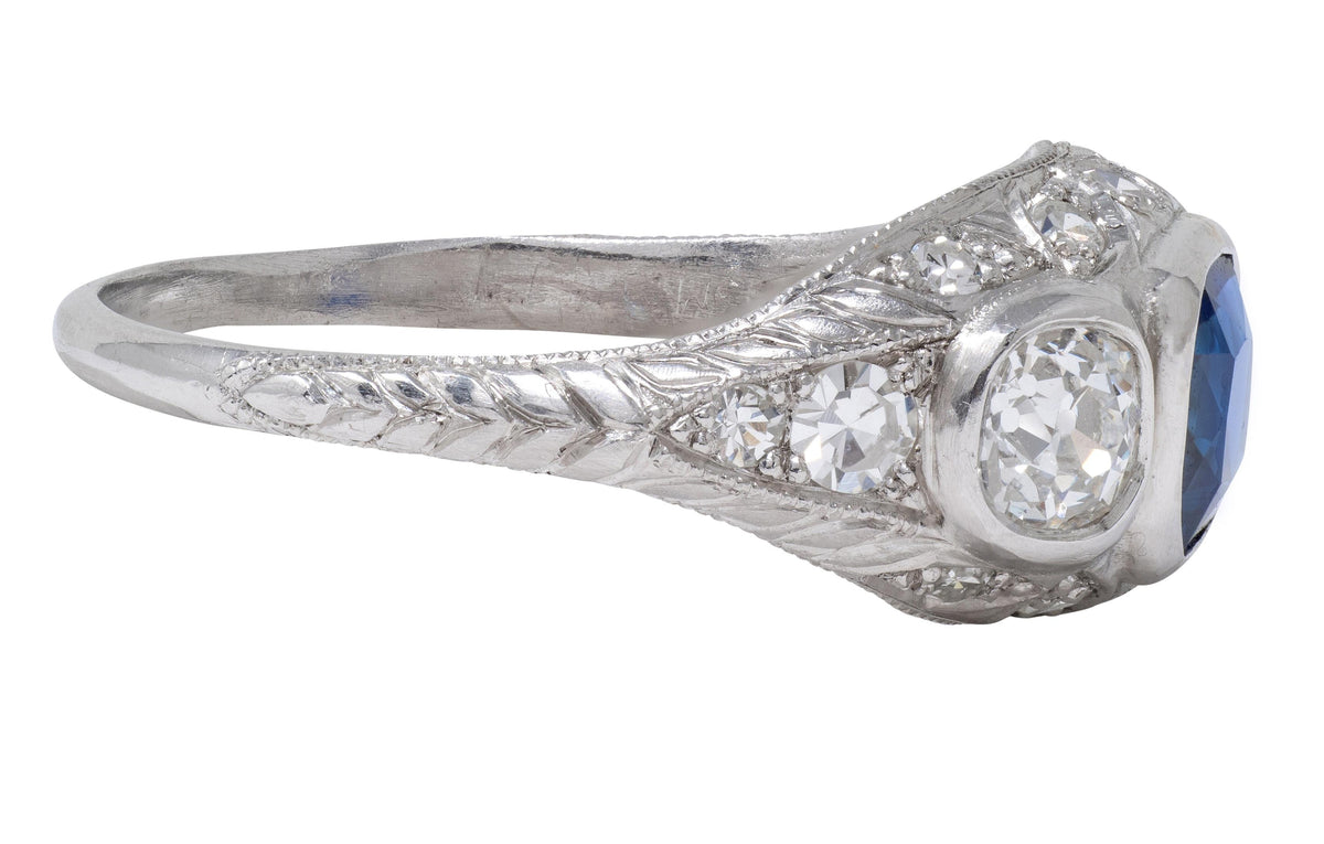 Edwardian 1.98 CTW No Heat Sapphire Diamond Platinum Antique Foliate Ring GIA
