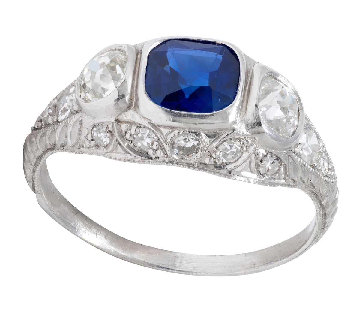 Edwardian 1.98 CTW No Heat Sapphire Diamond Platinum Antique Foliate Ring GIA