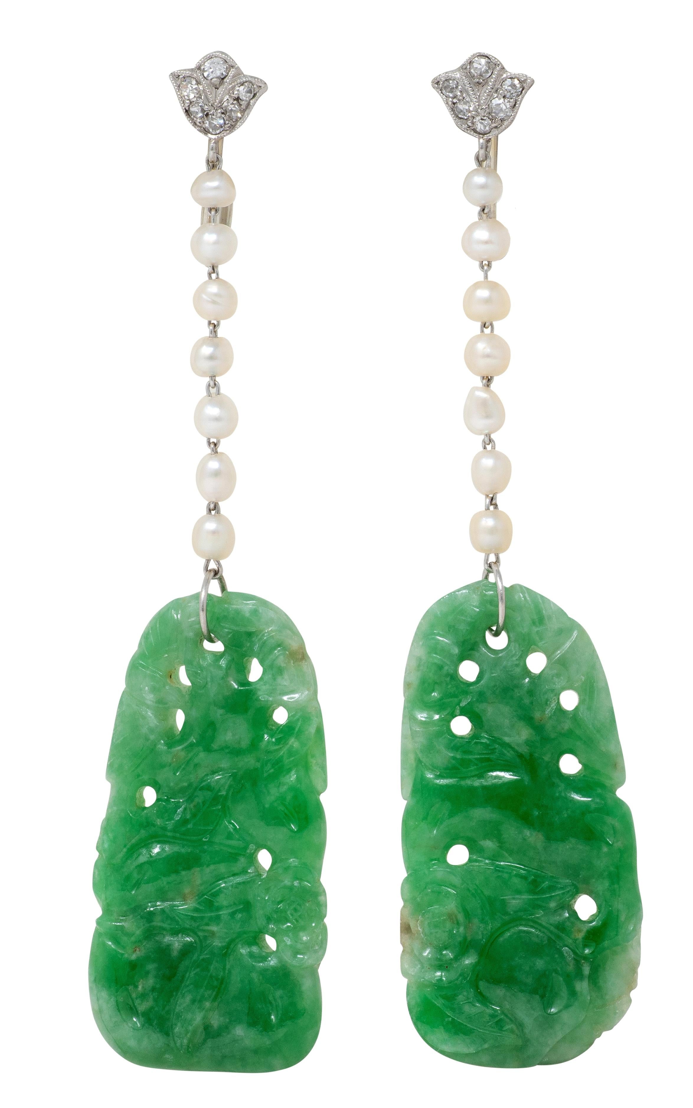 Art Deco Diamond Jade Pearl Platinum Vintage Floral Screw-Back Earrings