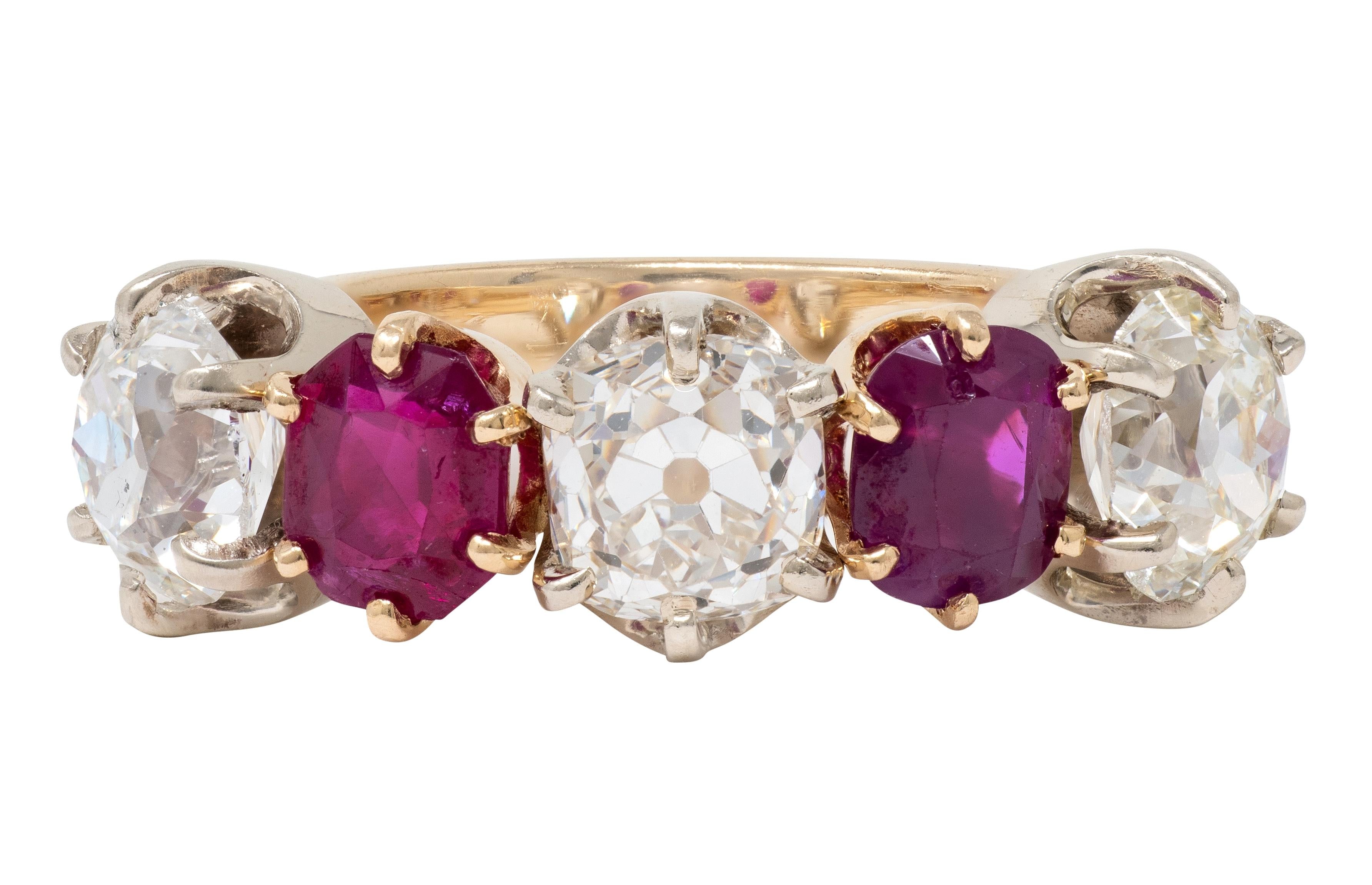 Victorian 3.62 CTW Ruby Old Mine Cut Diamond 14K Gold Antique Band Ring
