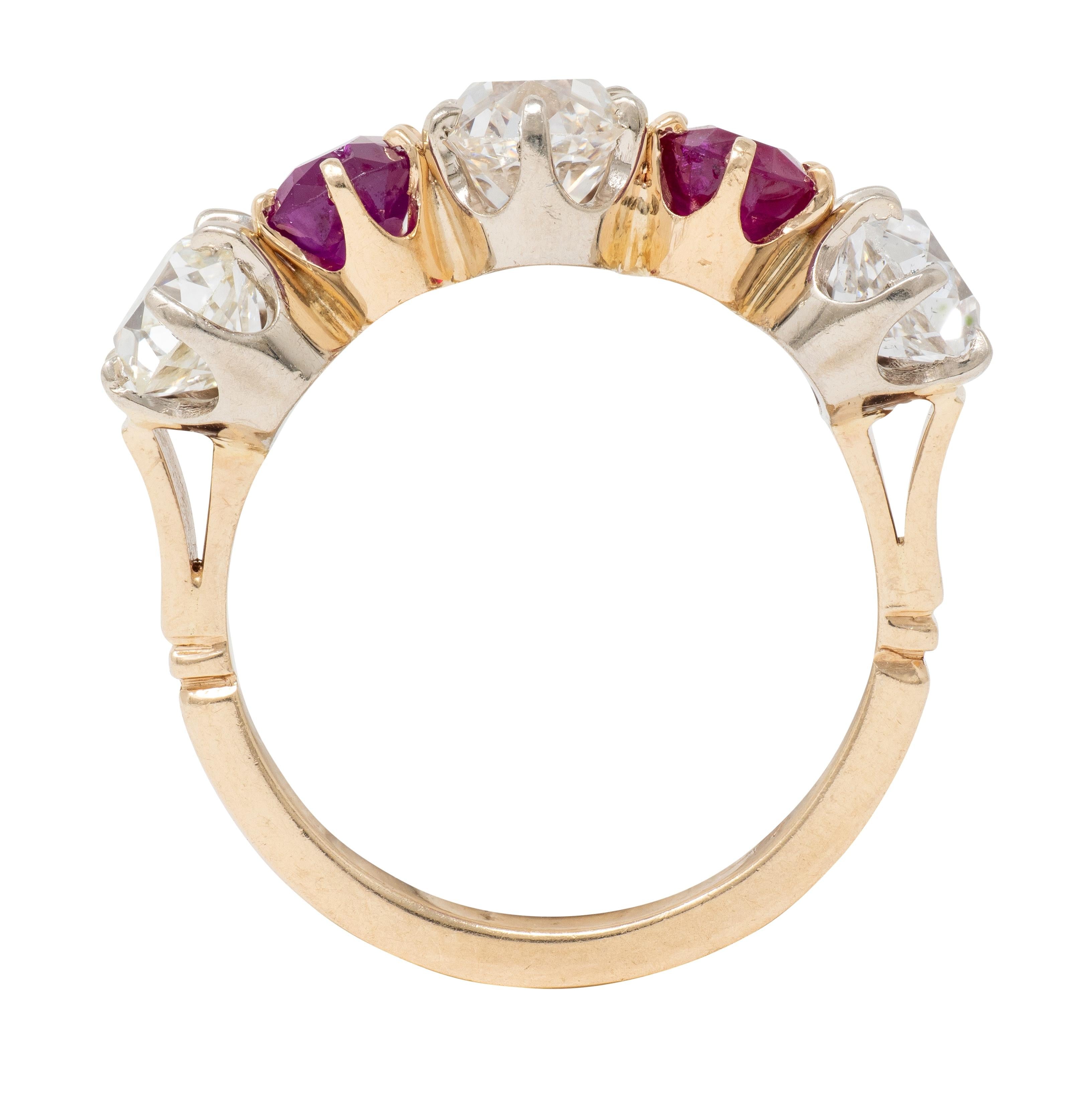 Victorian 3.62 CTW Ruby Old Mine Cut Diamond 14K Gold Antique Band Ring