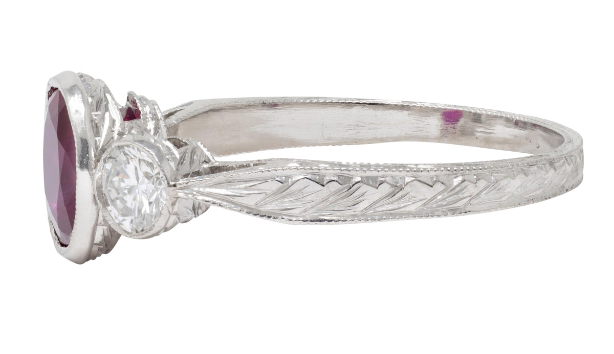 Contemporary 1.53 CTW Ruby Diamond Platinum Three Stone Ring