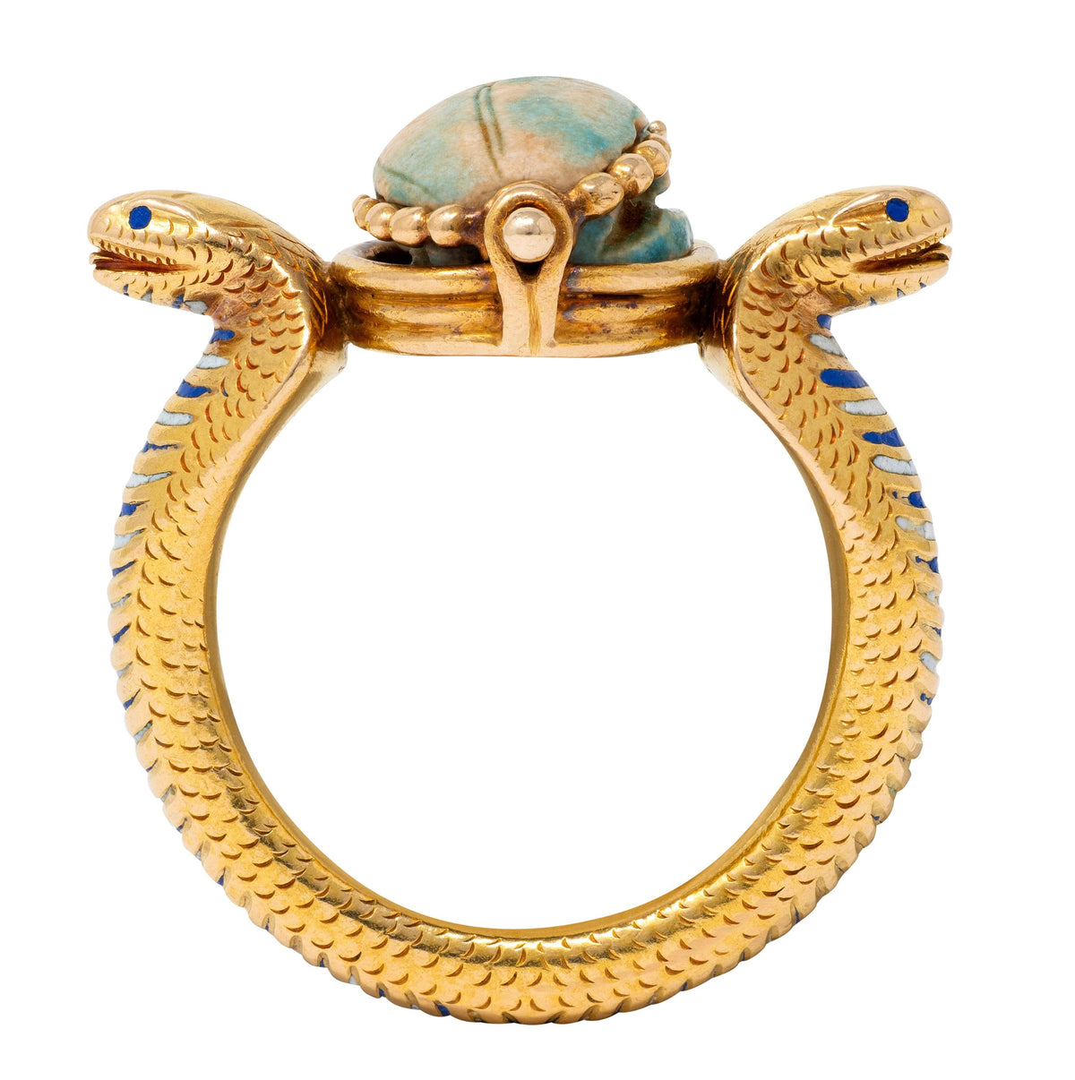Early Art Deco Egyptian Revival Hardstone Enamel 18K Antique Scarab Snake Ring