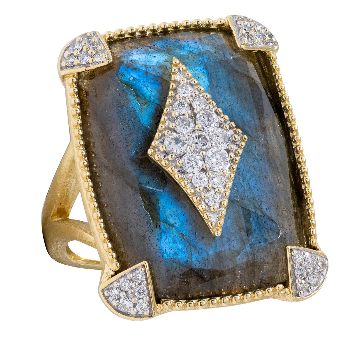 Jude Frances 2010's Labradorite Diamond 18 Karat Two-Tone Gold Cocktail Ring