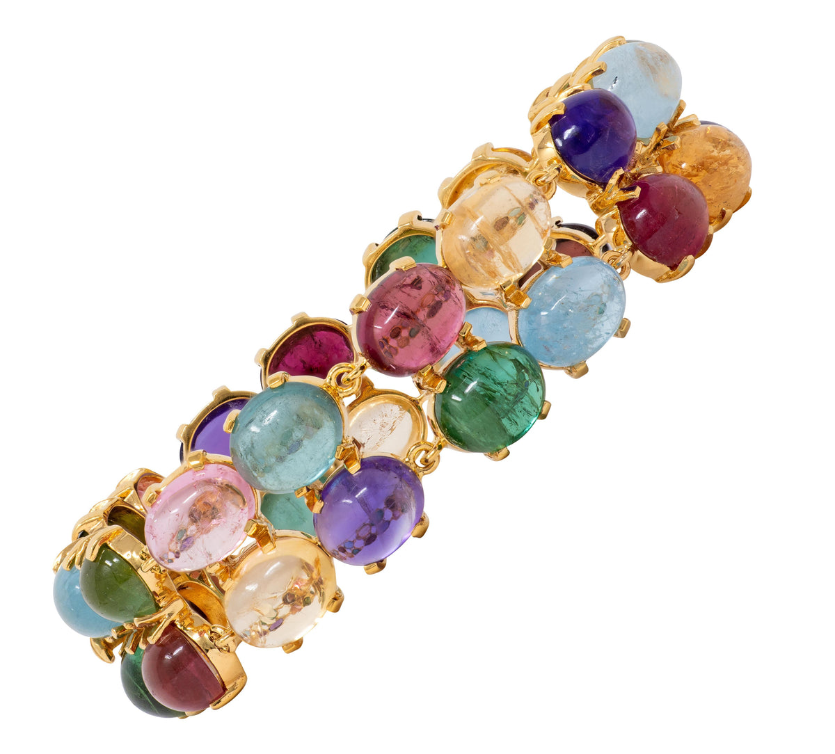 2000's Multi-Gem 14 Karat Yellow Gold Vintage Cabochon Link Bracelet